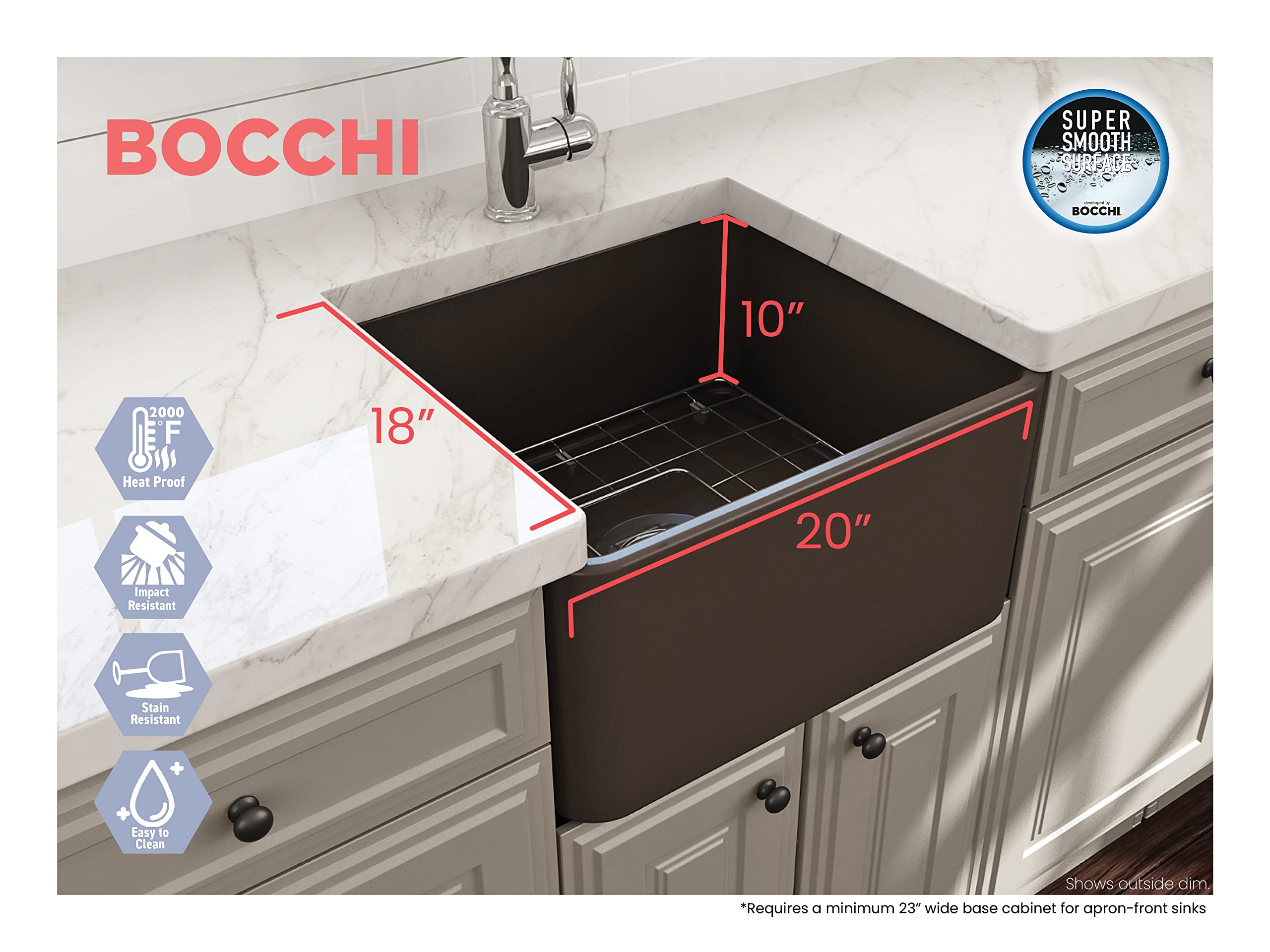 Bocchi Classico Farmhouse Apron Front Fireclay 20 In. Single Bowl Kitchen Sink With Protective Bottom Grid And Strainer In M. Br