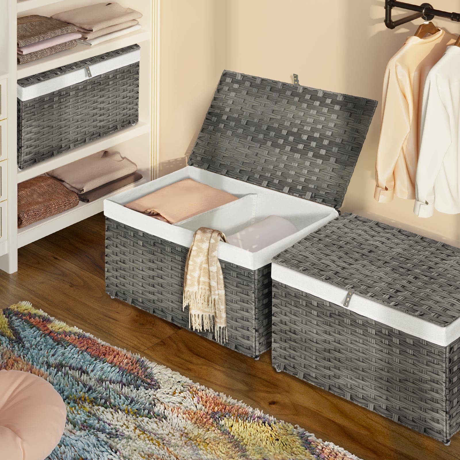 Greenstell Storage Basket With Lid, Handwoven Blanket Storage Basket With Cotton Liner And Metal Frame, Foldable & Easy To Insta