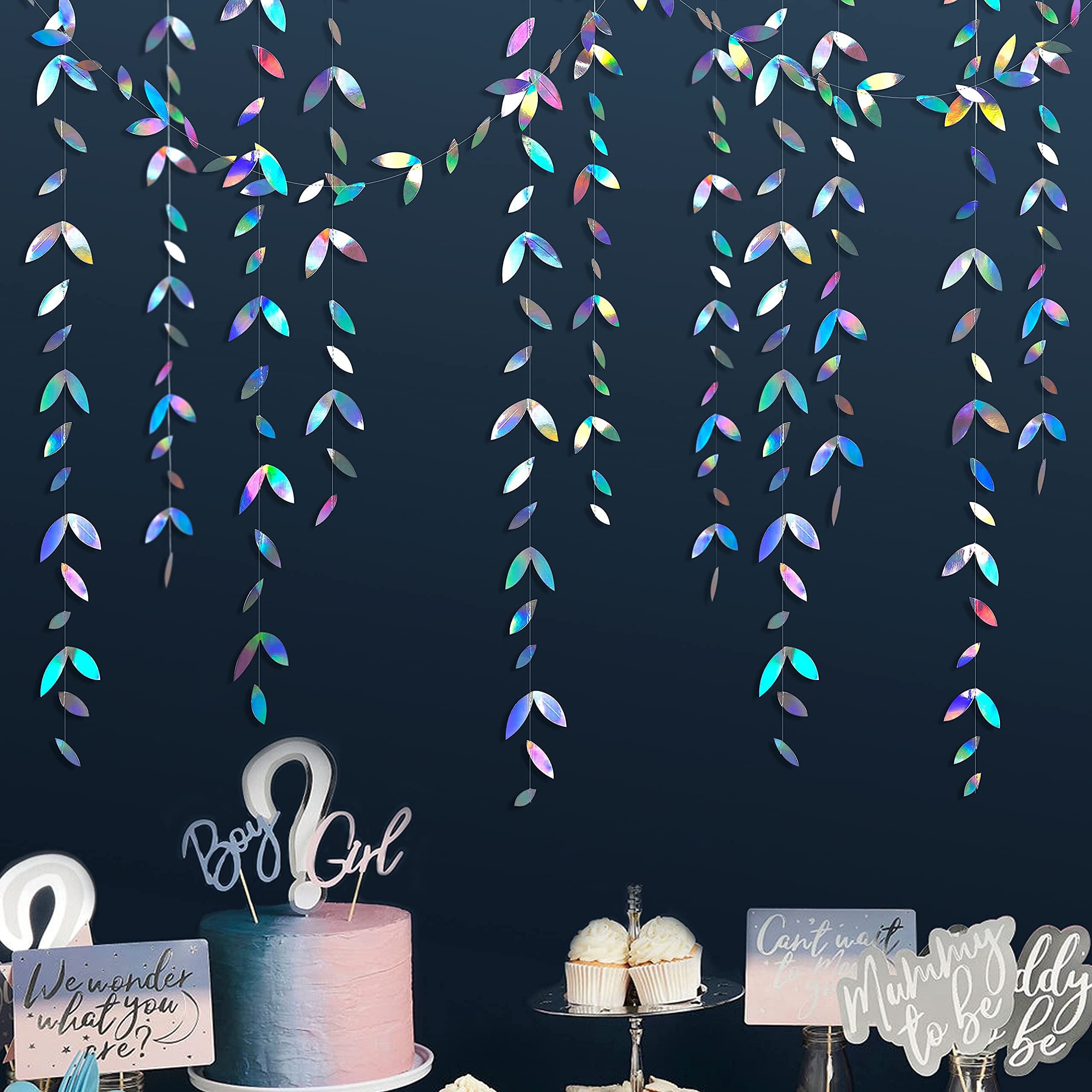 52Ft Iridescent Leaf Garland Holographic Paper Colorful Hanging Leaves Streamer Banner for Birthday Baby Shower Wedding Engagement Bridal Shower Bachelorette Holiday Euphoria Party Decoration Supplies
