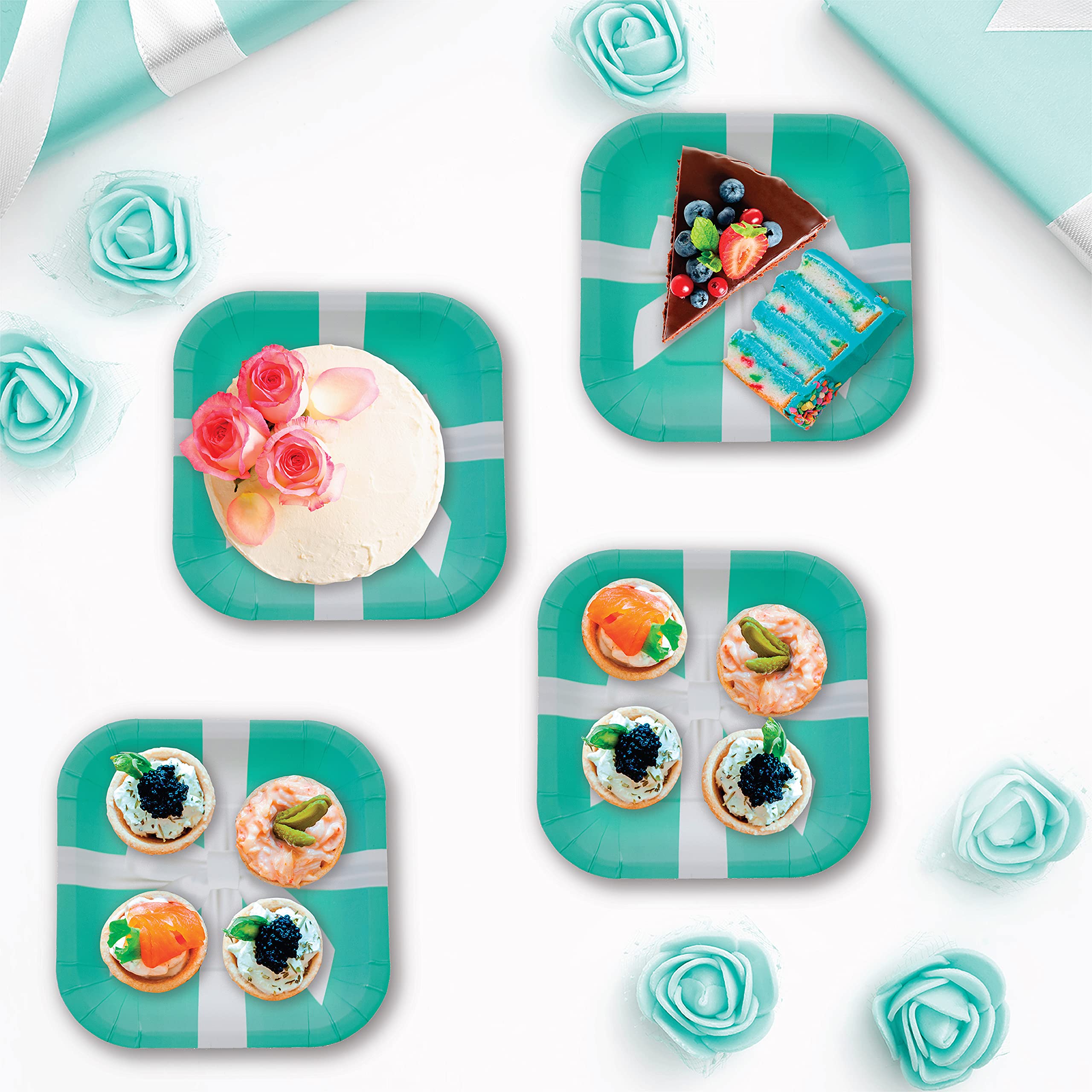 Havercamp Iconic Turquoise Jewelry Box Plates (24 Pcs)! With Stunning Satin Bow. 7In. Square, Heavy Duty Paper Dessert Plates