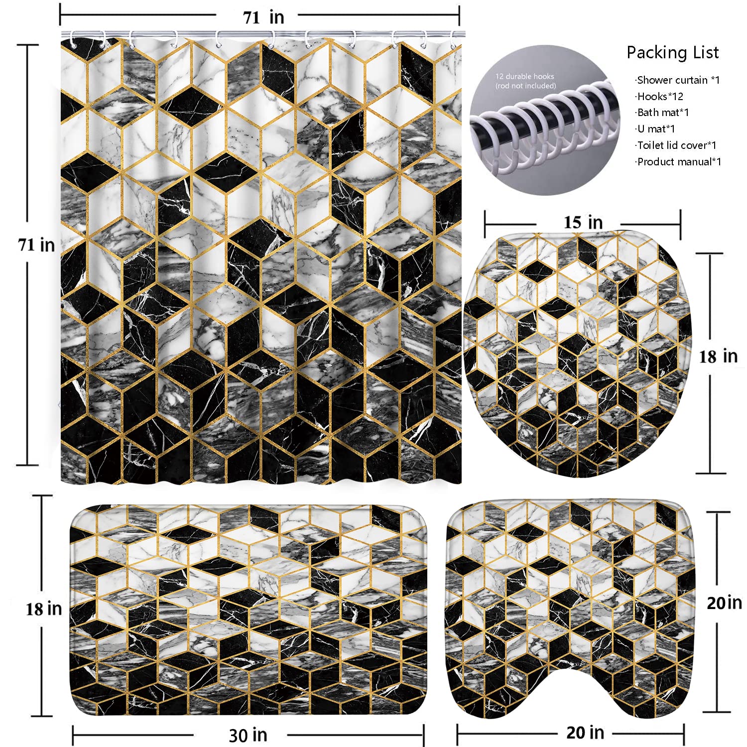 Poedist 4 Pcs Bathroom Shower Curtain Set  Honeycomb Marble Bathroom Sets with Rugs(Bath Mat U Shape and Toilet Lid Cover Mat) and 12 Durable Hooks