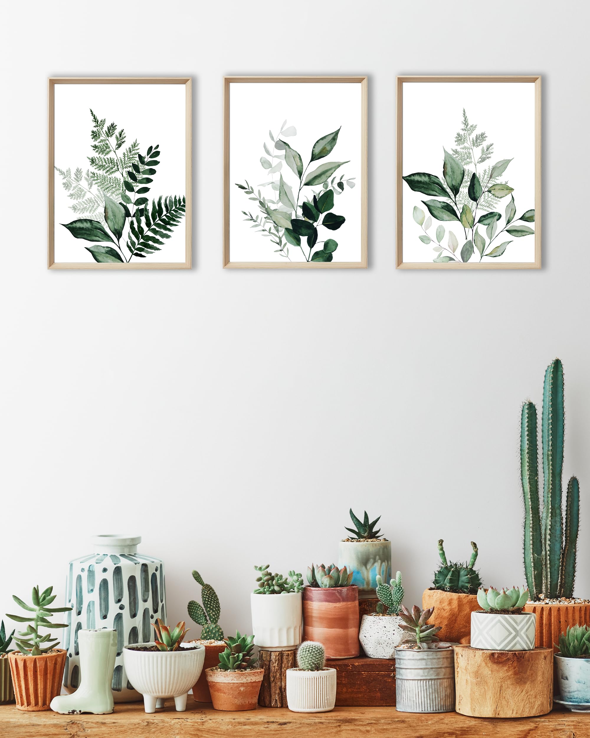 UPWOIGH Framed Green Wall Art(No Plexiglass)  Olive Leafs Canvas Wall Art 16x12in Botanical Wood Bohemia Sage Wall Decor Prints Artworks for Bathroom Bedroom  Plant Neutral Wall Decor Set of 3