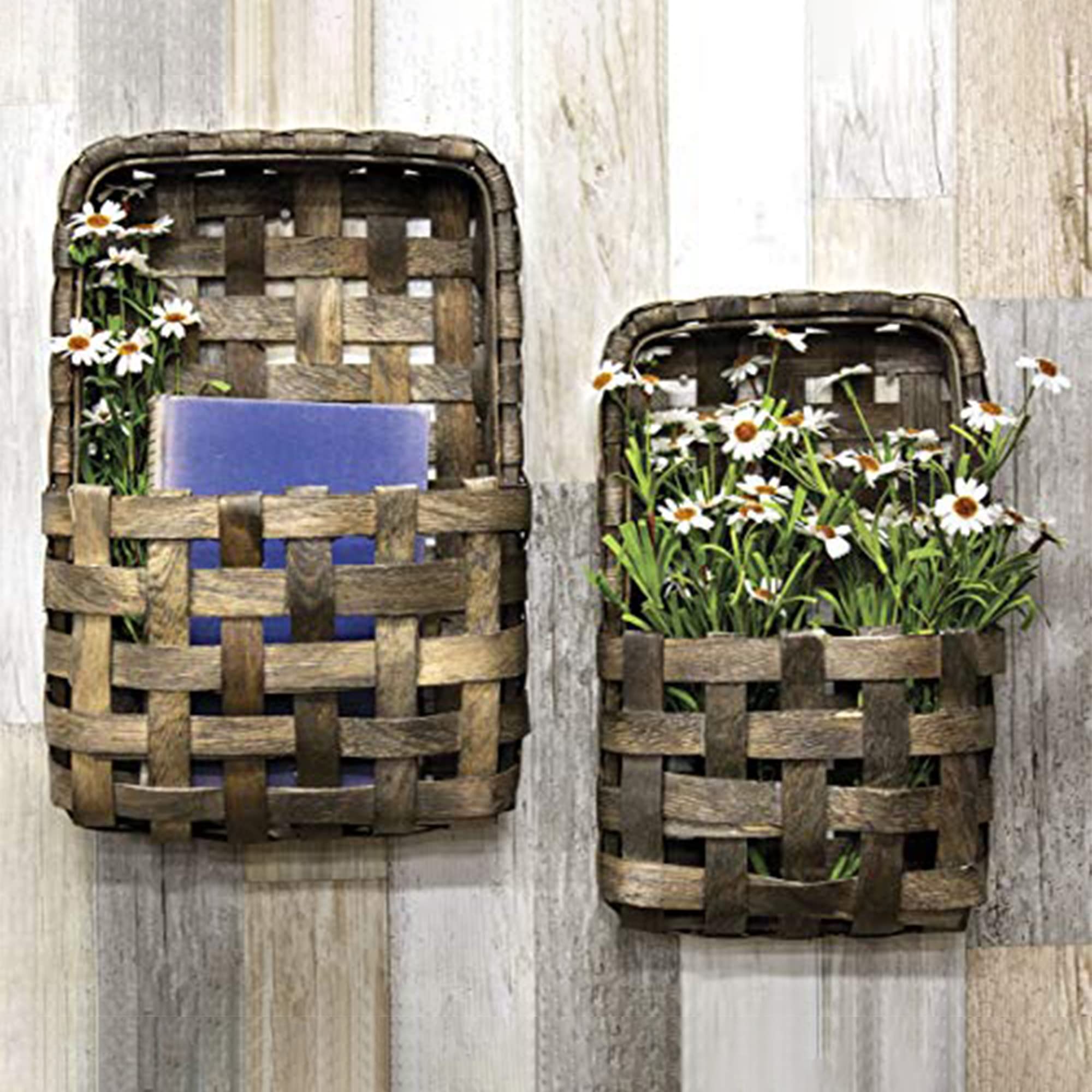 Cwi Wood Hanging Basket - Small And Large Wall Organizer And Storage Basket - Country-Style Home Decor - 2 - Aged Brown