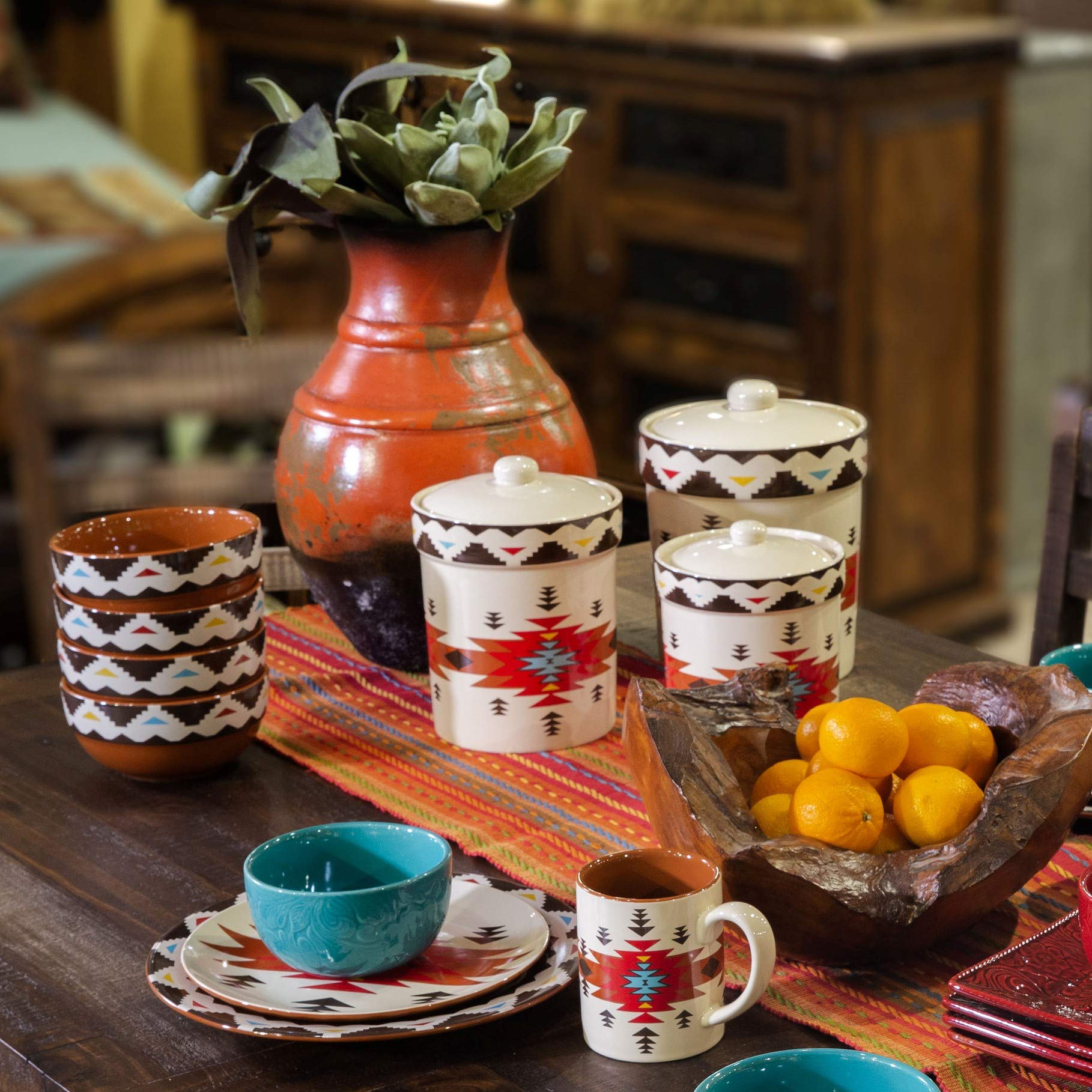 Paseo Road Del Sol Aztec 16 Piece Ceramic Dinnerware Set with Plates, Bowls, Mugs, Southwestern Rustic Cabin Lodge Style