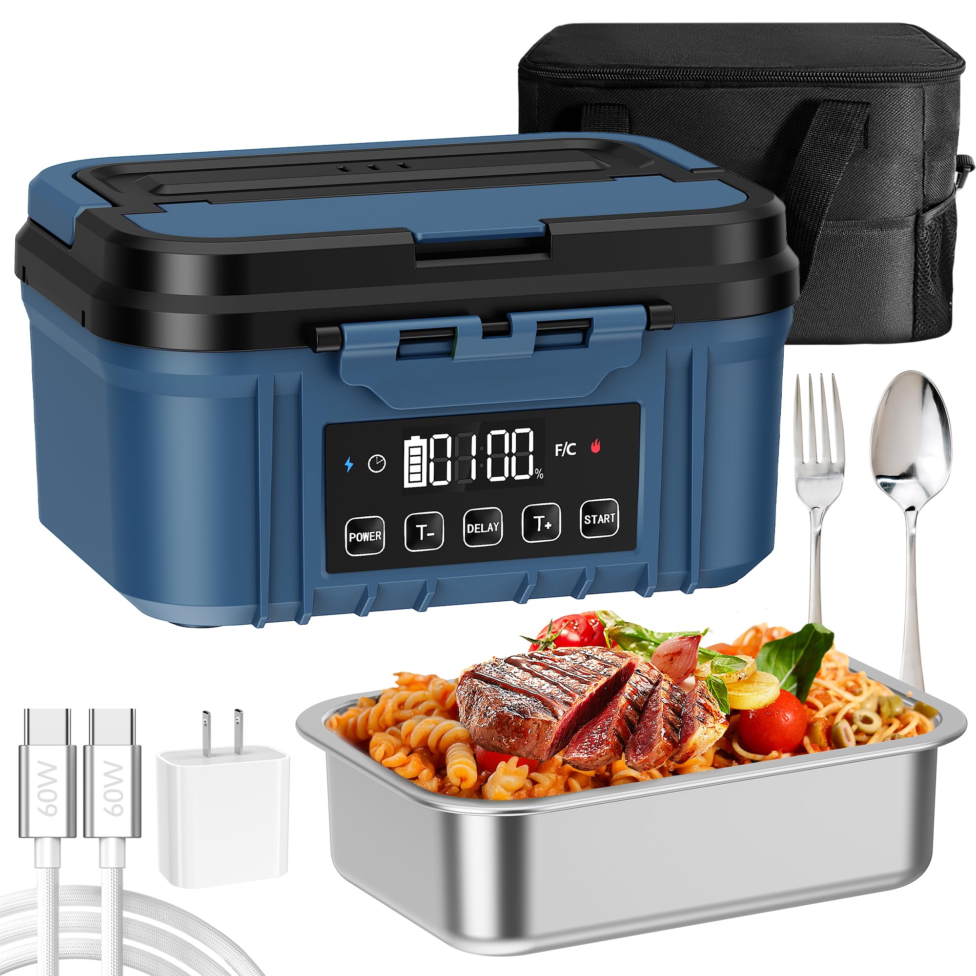 Fervinow Cordless Electric Lunch Box For Adults - Battery-Powered Heated Lunch Box With 1.2L Stainless Steel Container, Timer Fu