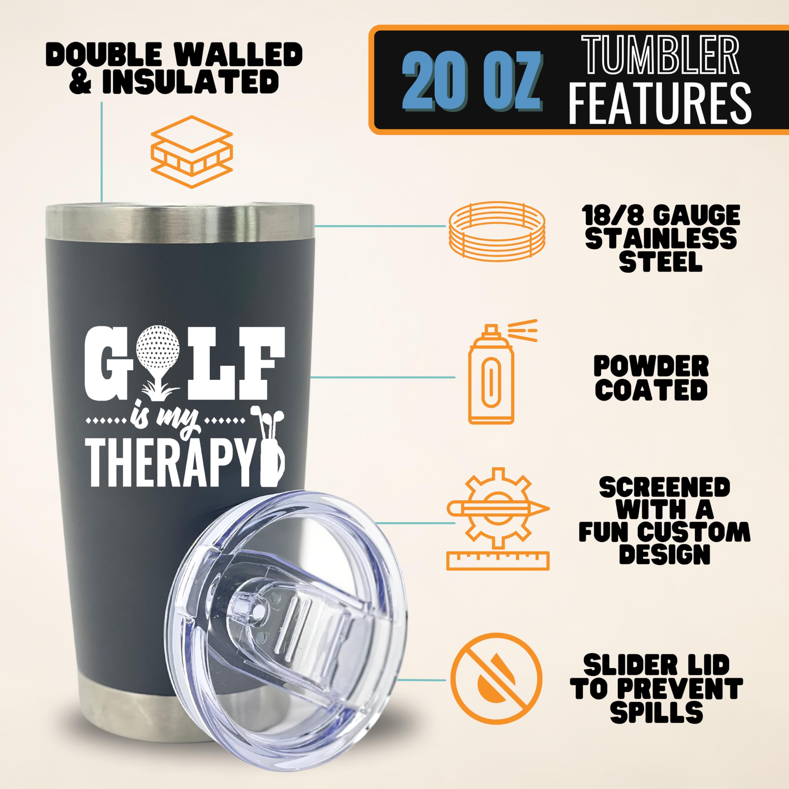 Brooke & Jess Designs - Golf Is My Therapy 20 Oz Golfer Multipurpose Insulated Water Bottle Tumbler Travel Coffee Mug - Golf Gif