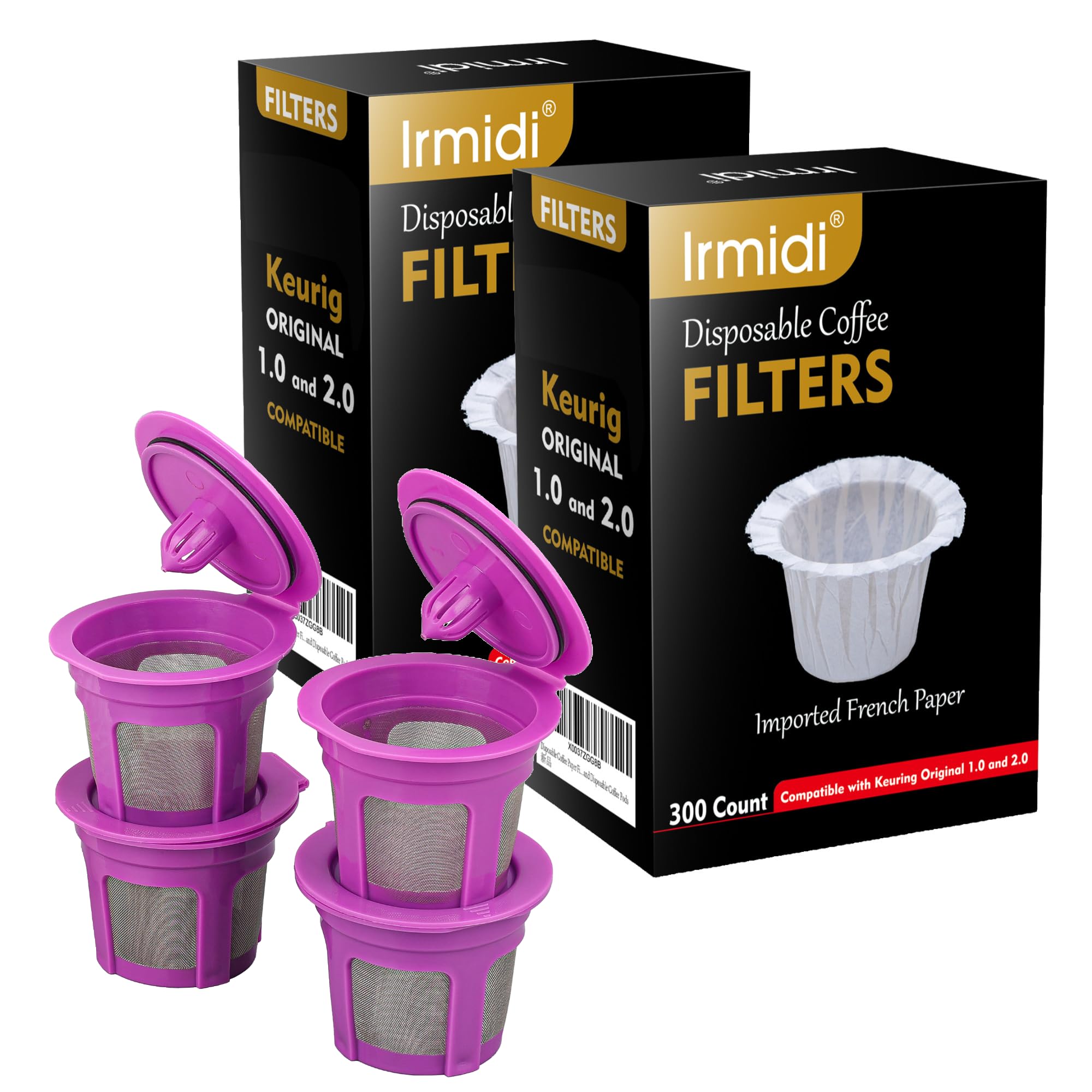 Disposable Paper Coffee Filters 600 Count with 4 Pack Reusable K Cups, Compatible with Keurig Coffee Maker 2.0 & 1.0, Reusable C