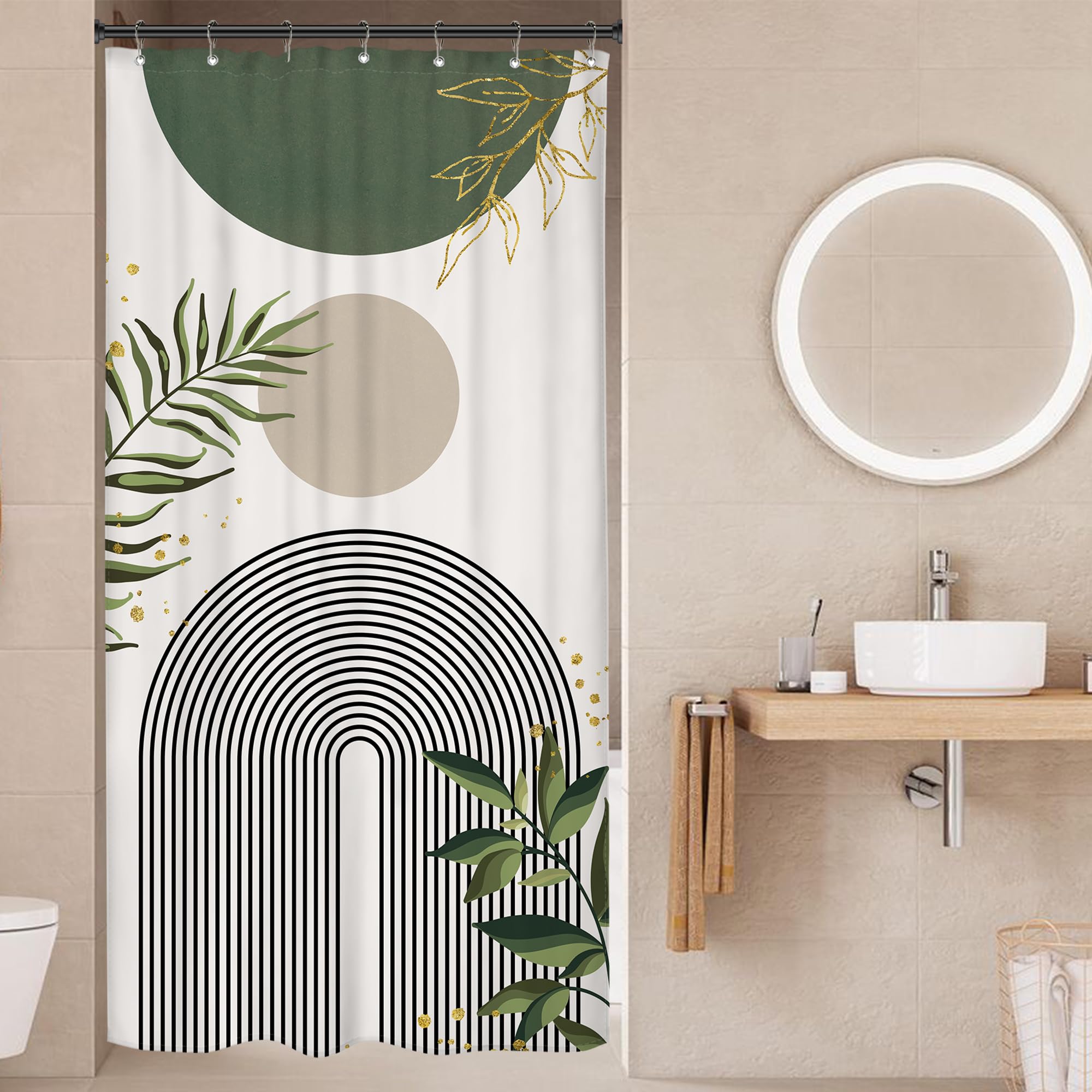 Mitpok Small Stall Rv Shower Curtain 36Wx72H Half Single Sage Green Modern Boho Mid Century Abstract Gold Leave Grey Plant Bathr