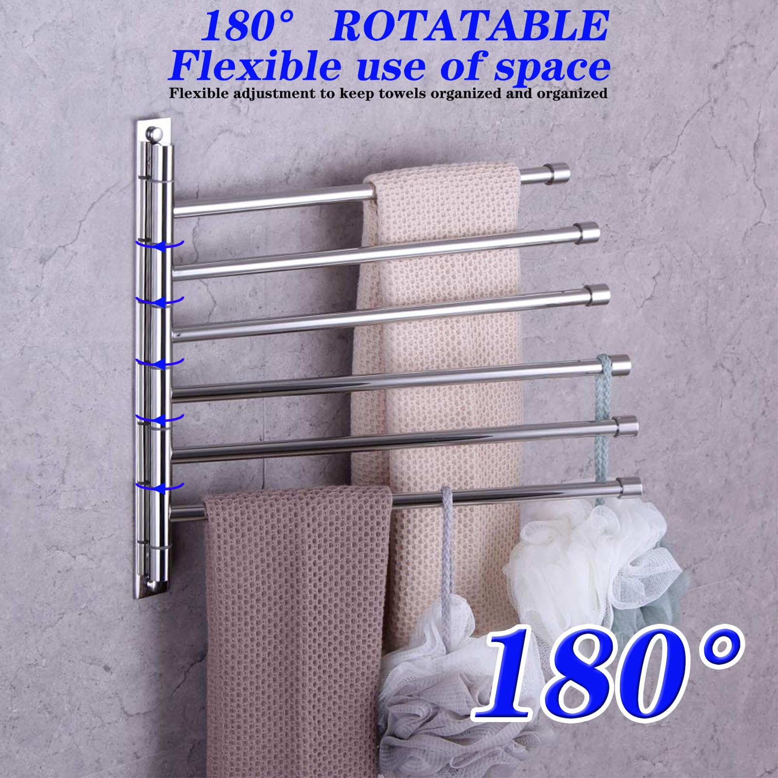 GERZWY Bathroom Swing Arm Towel Bars Wall Mount Bath Towel Rack with 6 Arms Hanger Towel Holder Organizer Polished Stainless Steel