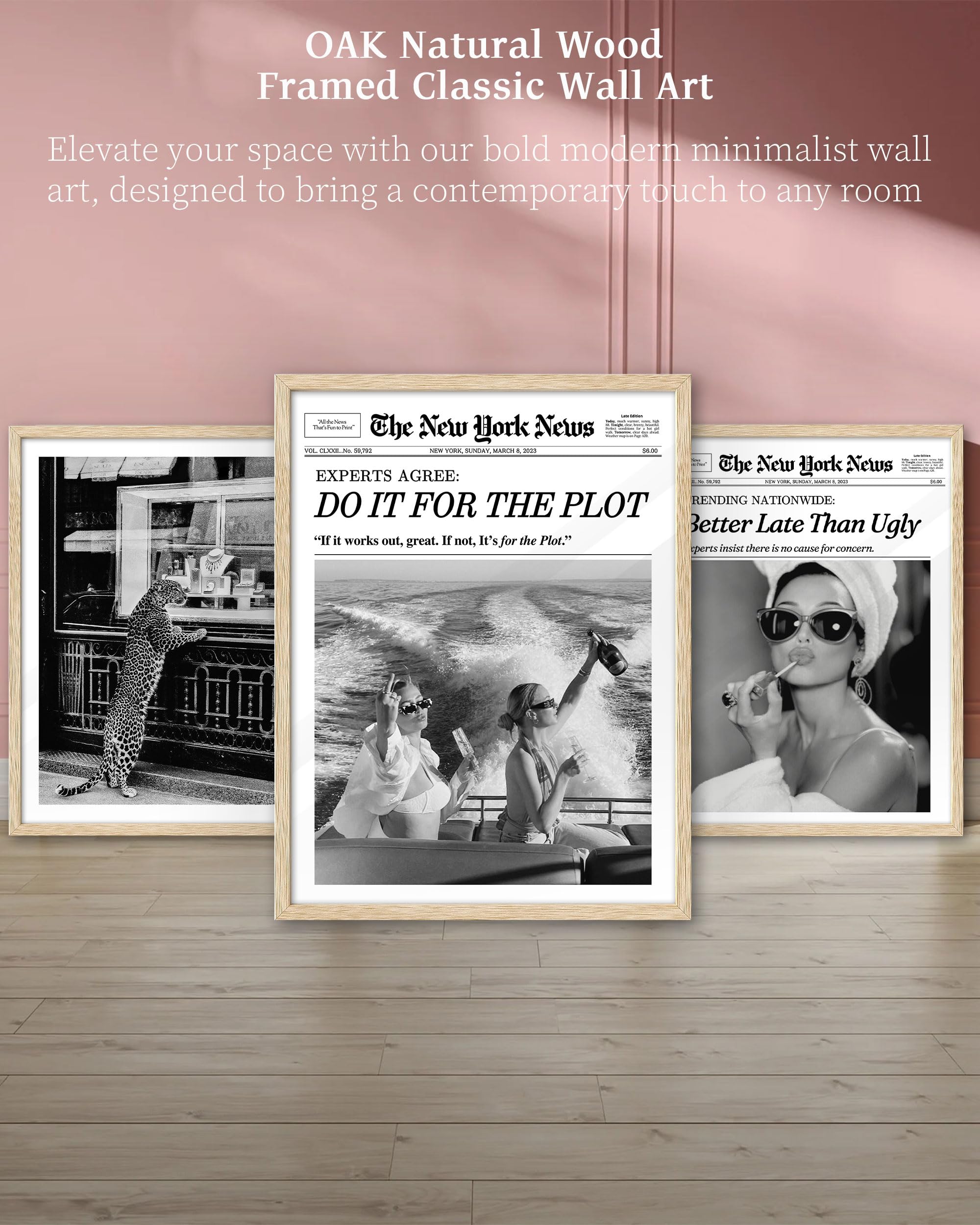 Ihery Natural Oak Wood Hepburn Newspaper Trendy Framed Wall Art, 12X16 In Vintage Headline Canvas Print, Beige Logs Retro Bathro