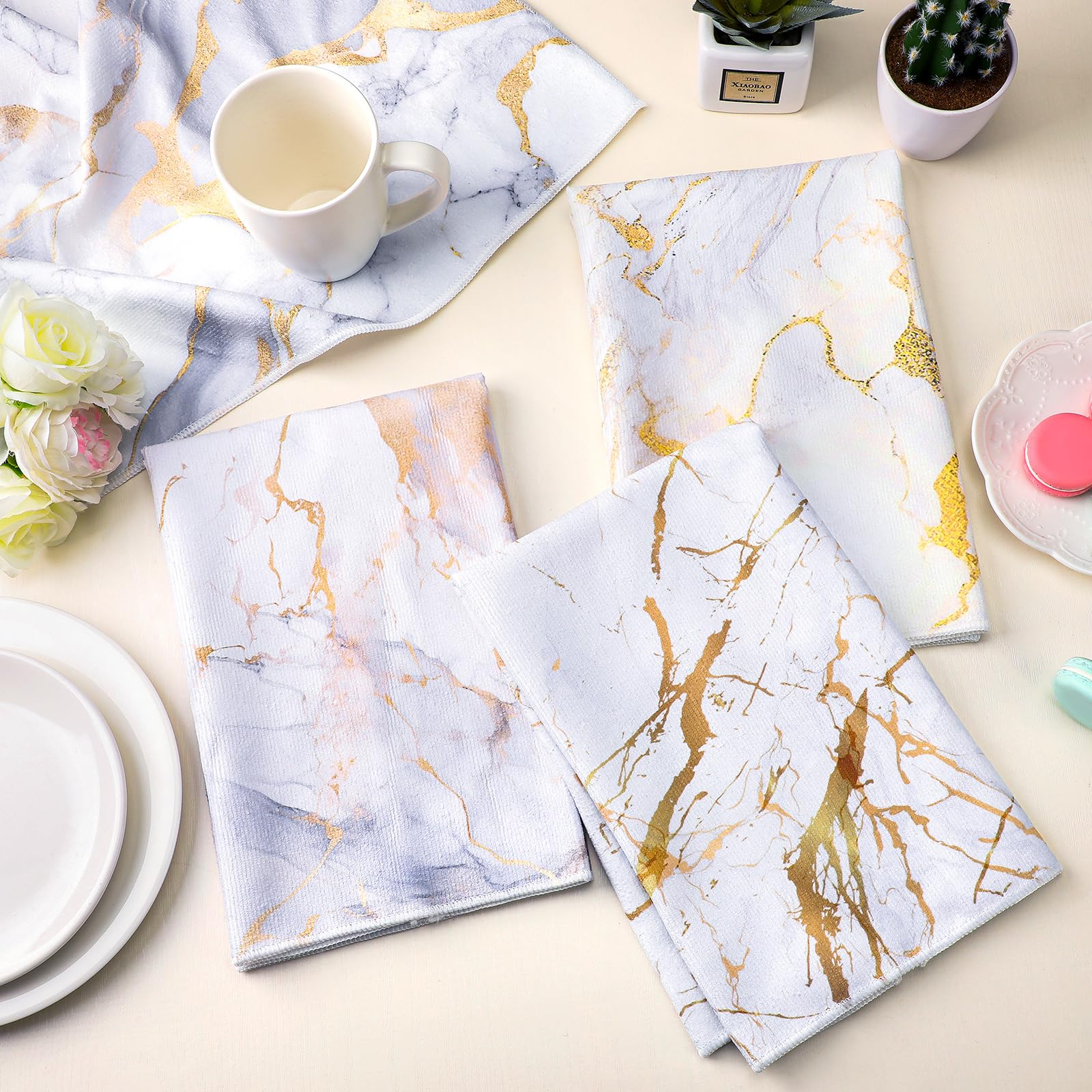 Boyiee Set of 6 Marble Kitchen Towels Gold Dish Towels Absorbent Stylish Marble Tea Towels 24 x 16 Inches Modern Hand Towels Hou