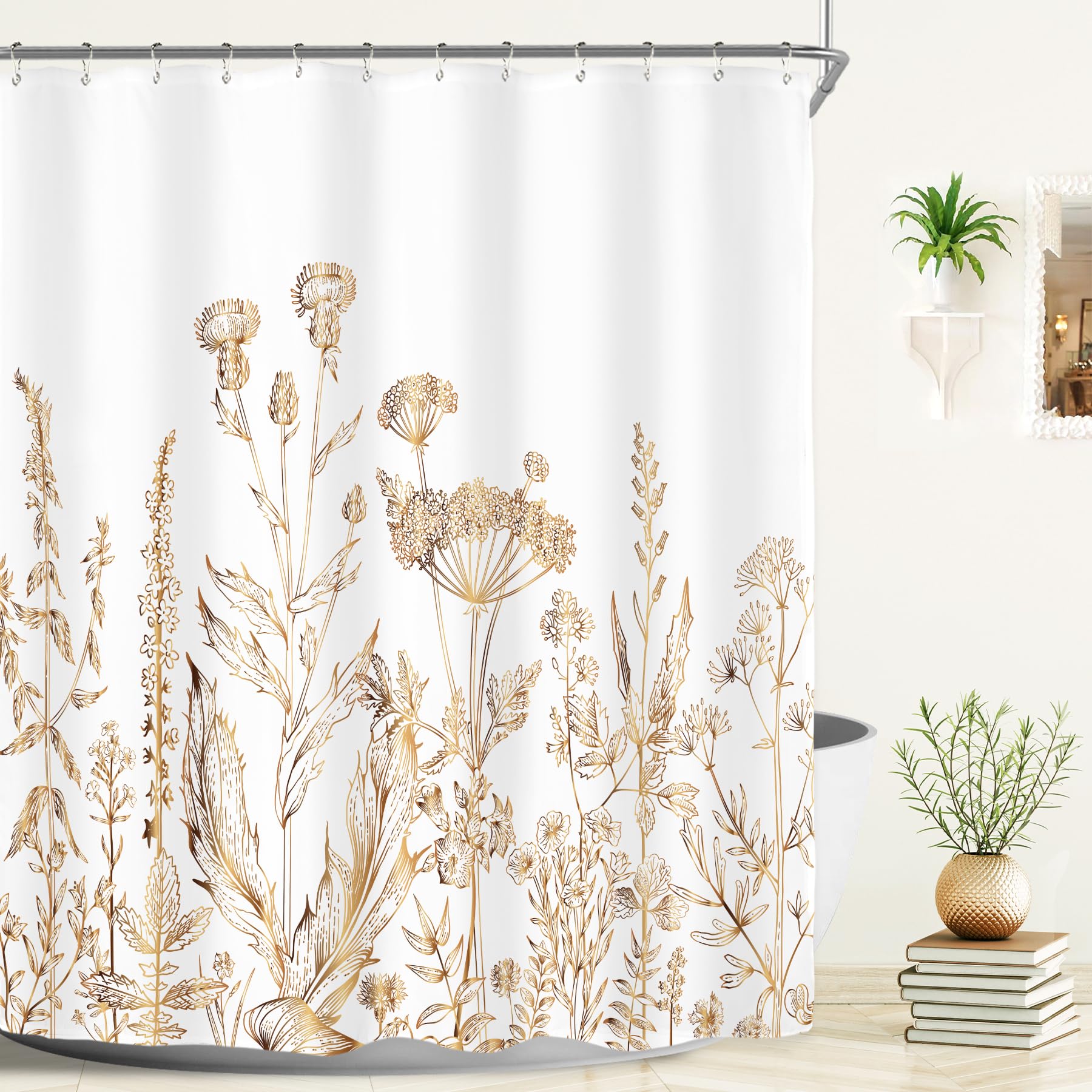 Riyidecor White Gold Floral Wildflower Shower Curtain For Bathroom Decor 60Wx72H Rustic Botanical Herbs Plant Leaves Vintage Nat