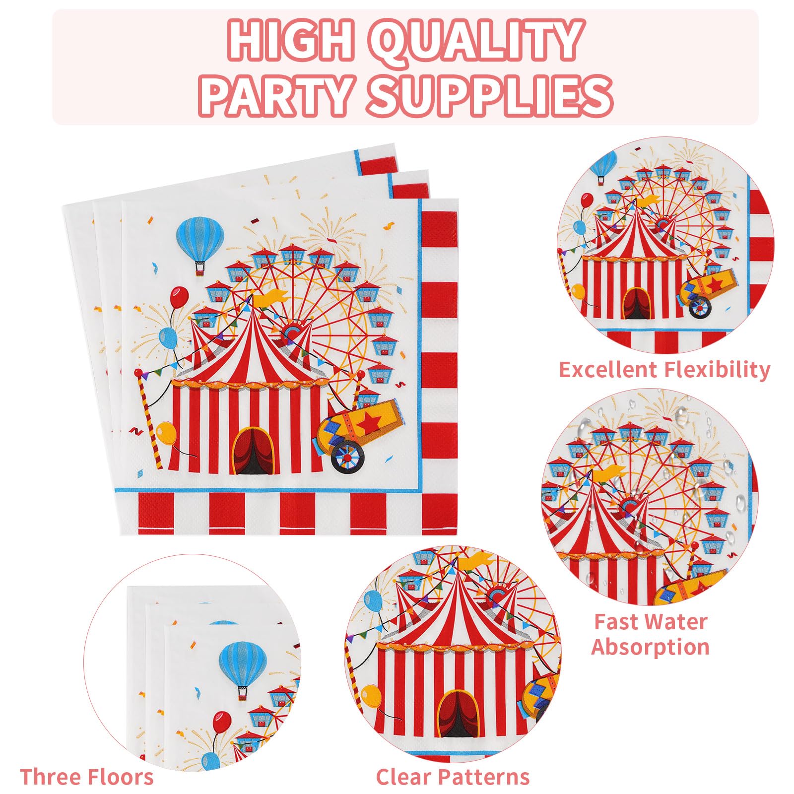 Grencian 96Pcs Carnival Party Decorations Carnival Circus Plates and Napkins Disposable Circus Theme Birthday Paper Tableware Se