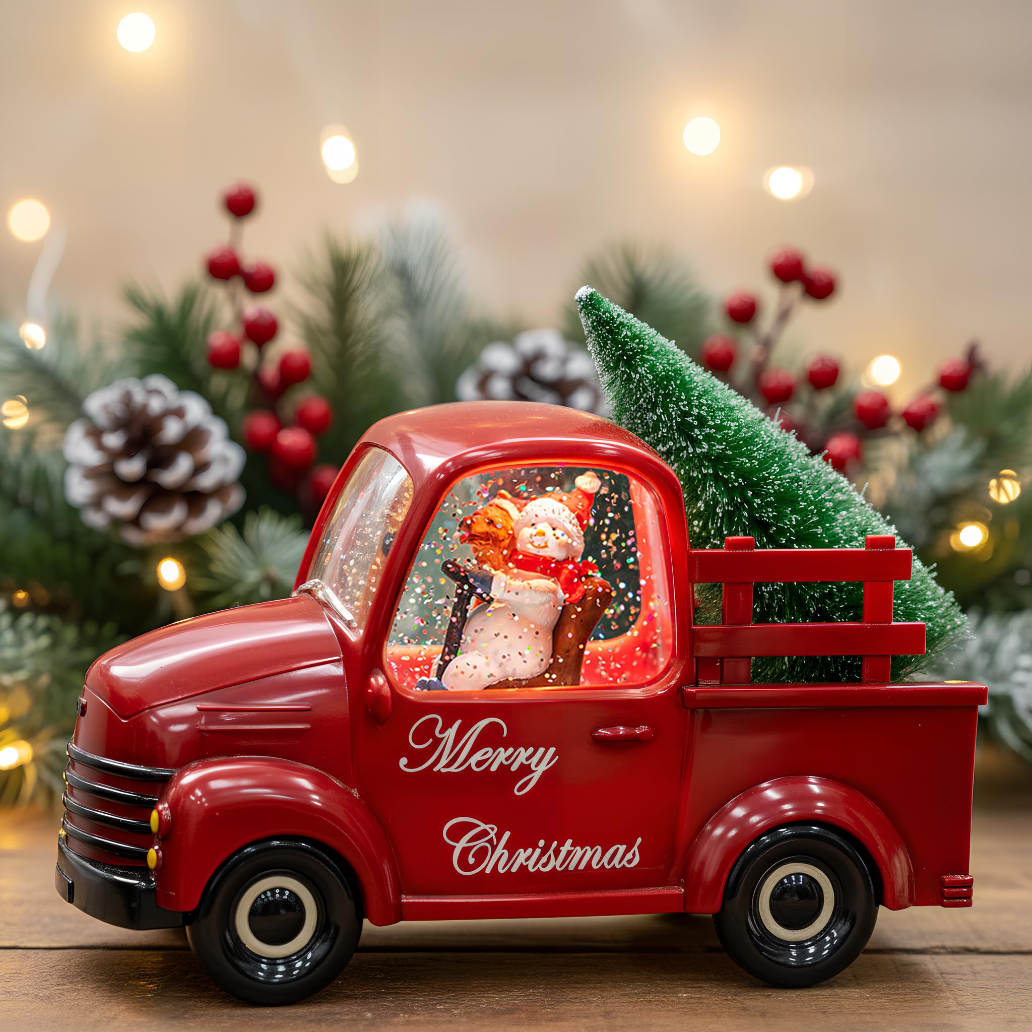 Qualdout Christmas Snow Water Lantern Glittering Snowman and Pup in Red Truck with Christmas Tree, USB Lined/Battery Operated Li
