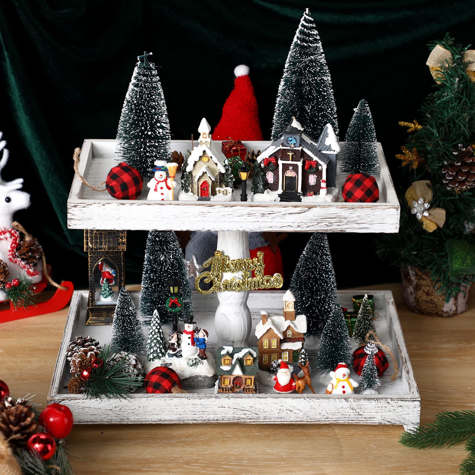 Farmhouse Tiered Tray Stand Wooden Rustic 2 Tier Tray Stand Rectangular Tray Serving Two Tiered Tray Stand For House Kitchen Cak