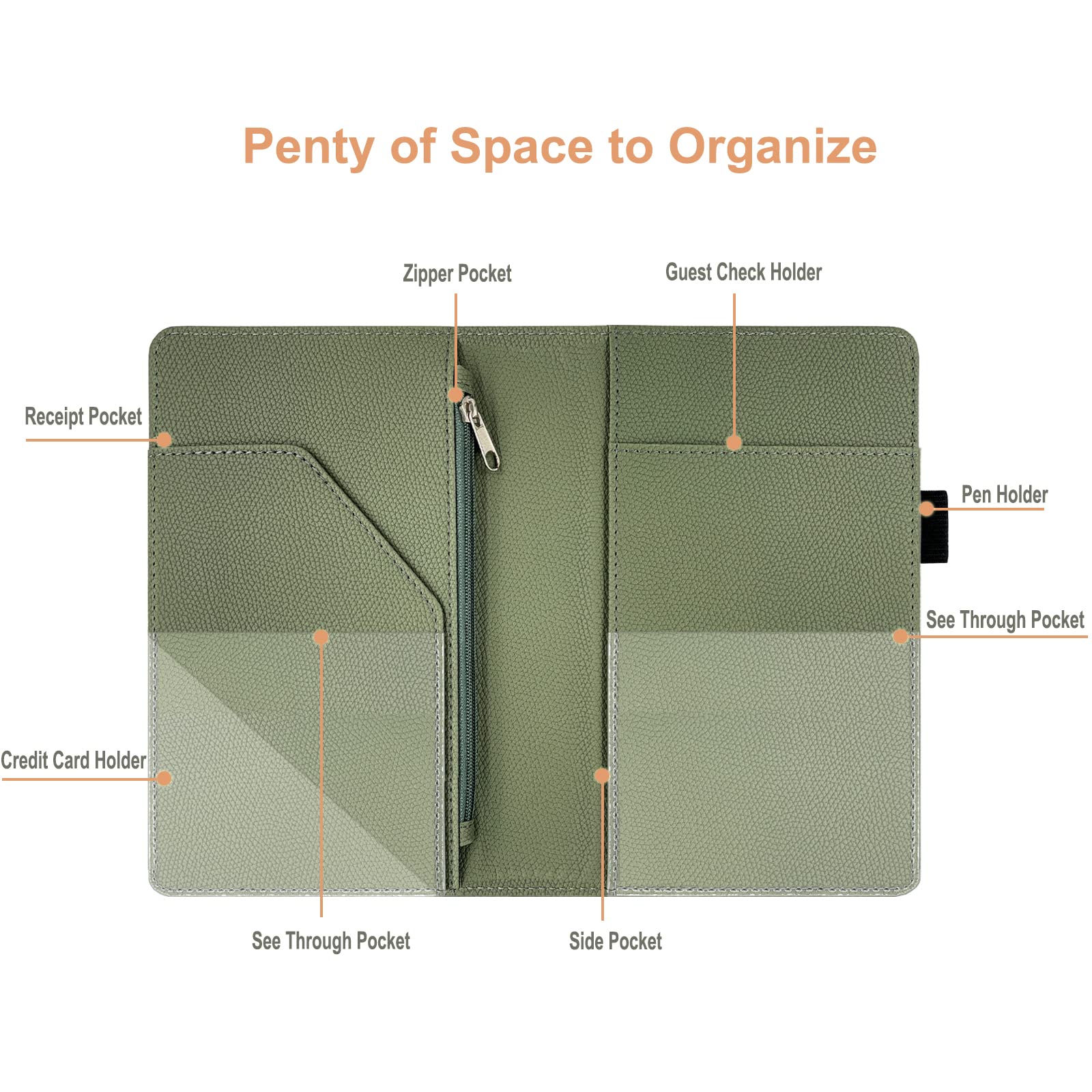 RSAquar Premium Leather Server Book, Sage Green, New Size with Zipper Pocket, Model RsSeBk2022Sage