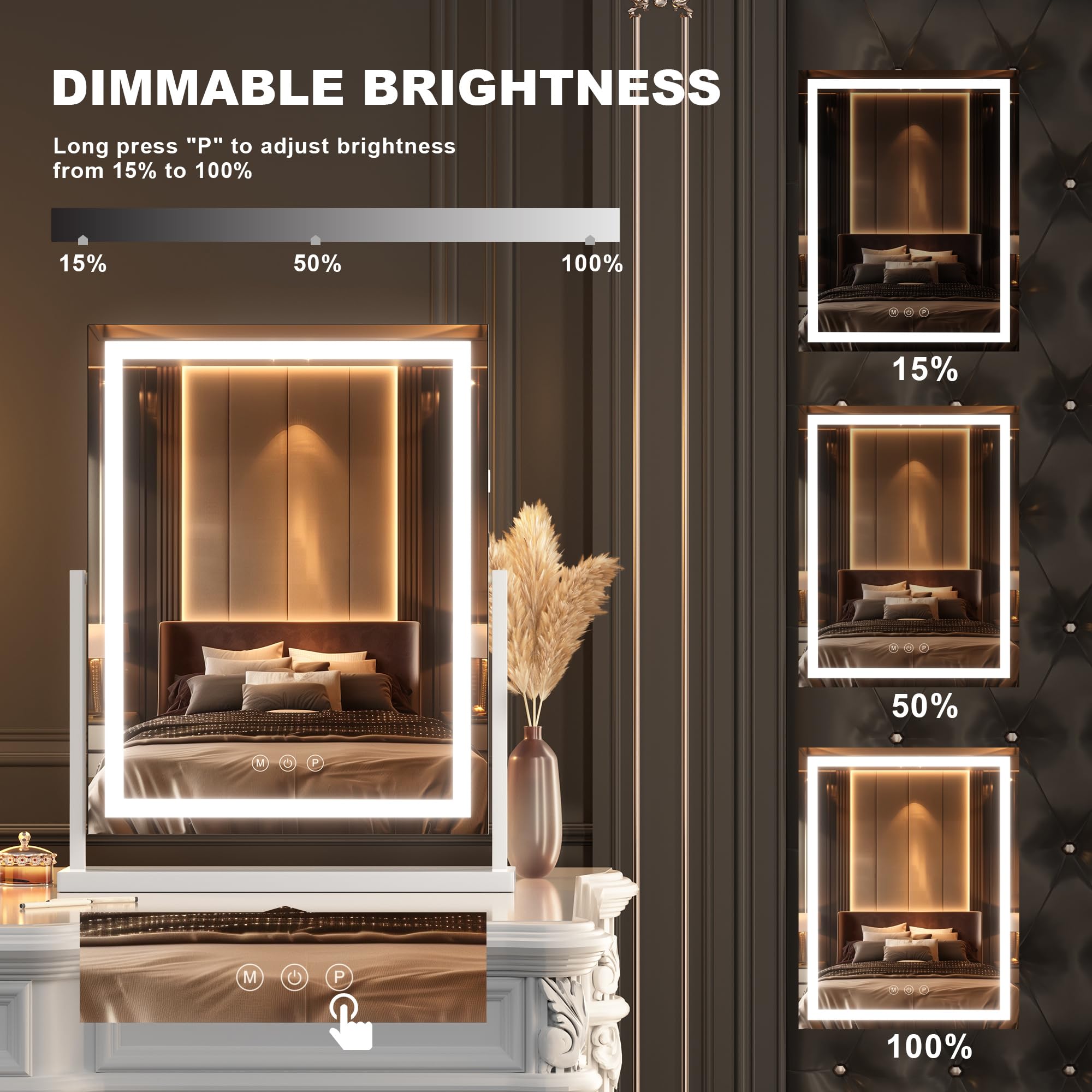 Hasipu Vanity Mirror With Lights, Lighted Makeup Mirror With 10X Magnification, Dimmable 3 Modes, Touch Screen Control, Led Make