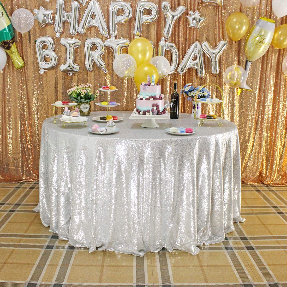 Jyflzq Silver Sequin Tablecloth 108 Round Sparkly Drape Table Cloths Table Cover Overlay For Wedding Birthday Party Baby Bridal
