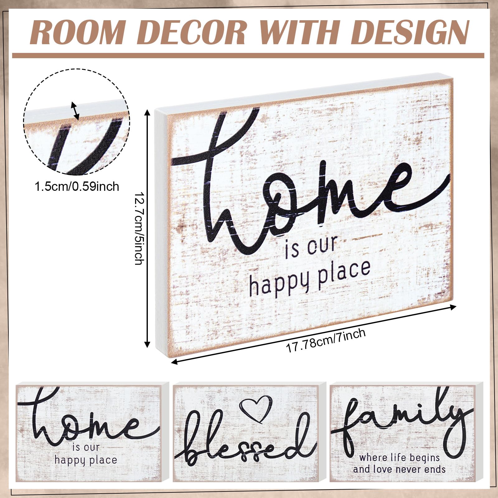Jetec 3 Pcs Wooden Family Sign Rustic Blessed Home Wall Art Mini Wood Wall Decor Farmhouse Table Shelves Decoration Sign for Bed