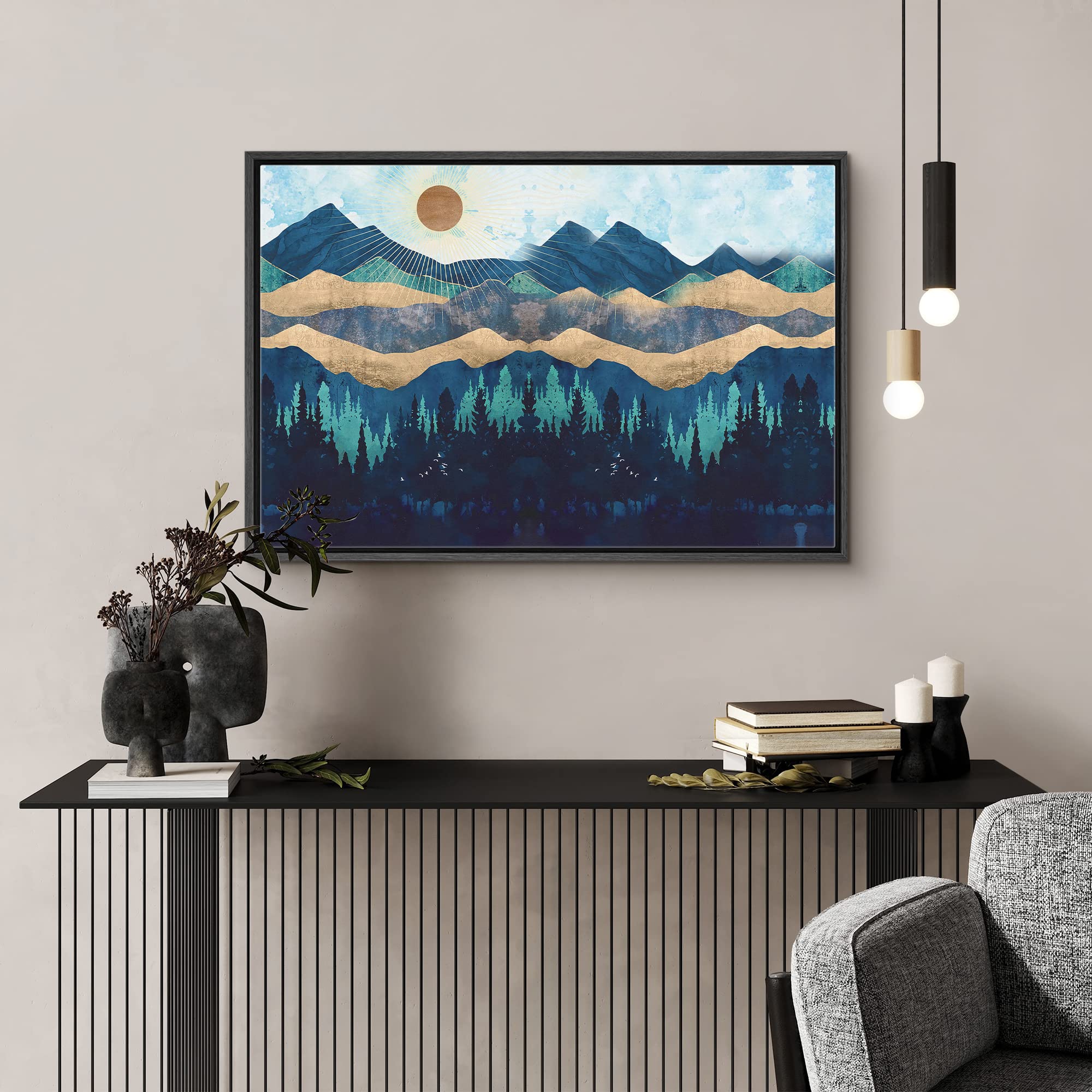 Signford Framed Canvas Print Wall Art Woodland Nursery Decor Blue Mountains & Forest Under Shining Sun Abstract Wilderness Moder