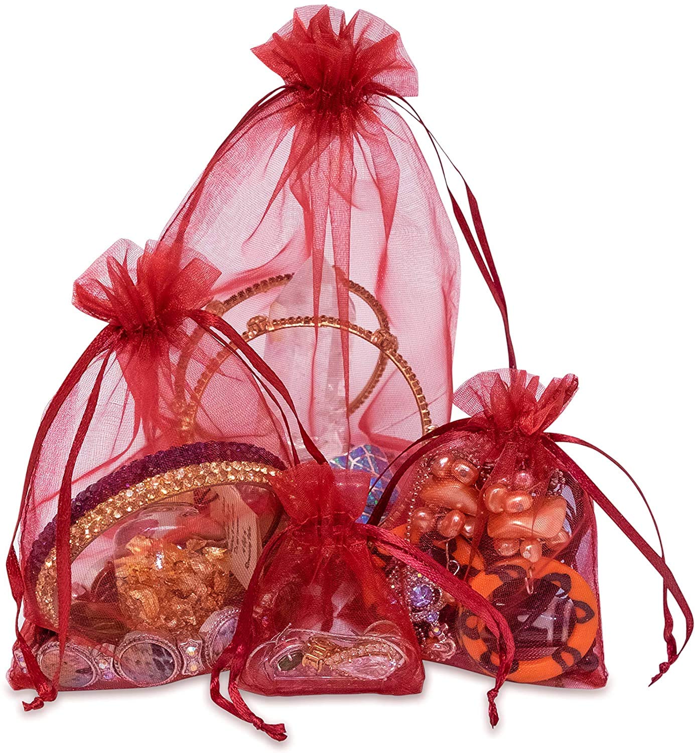 Thedisplayguys 100-Pack Xs 2 X 2 3/4'' Maroon Sheer Organza Gift Bags With Drawstring, Jewelry Candy Treat Wedding Party Favors