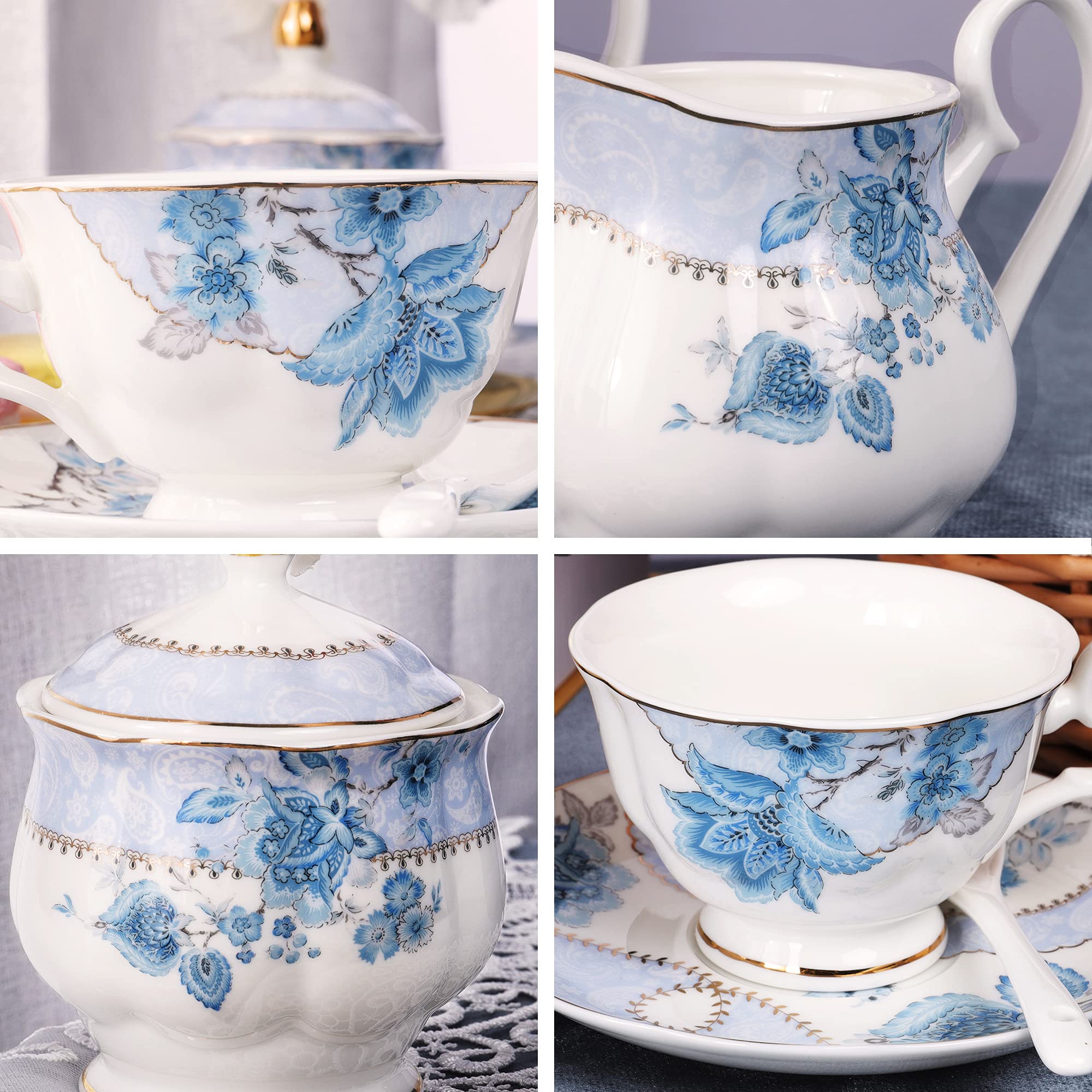 fanquare Blue Flowers Porcelain Tea Set Tea Cup and Saucer Set Service for 6 Wedding Teapot Sugar Bowl Cream Pitcher China Coffee Set