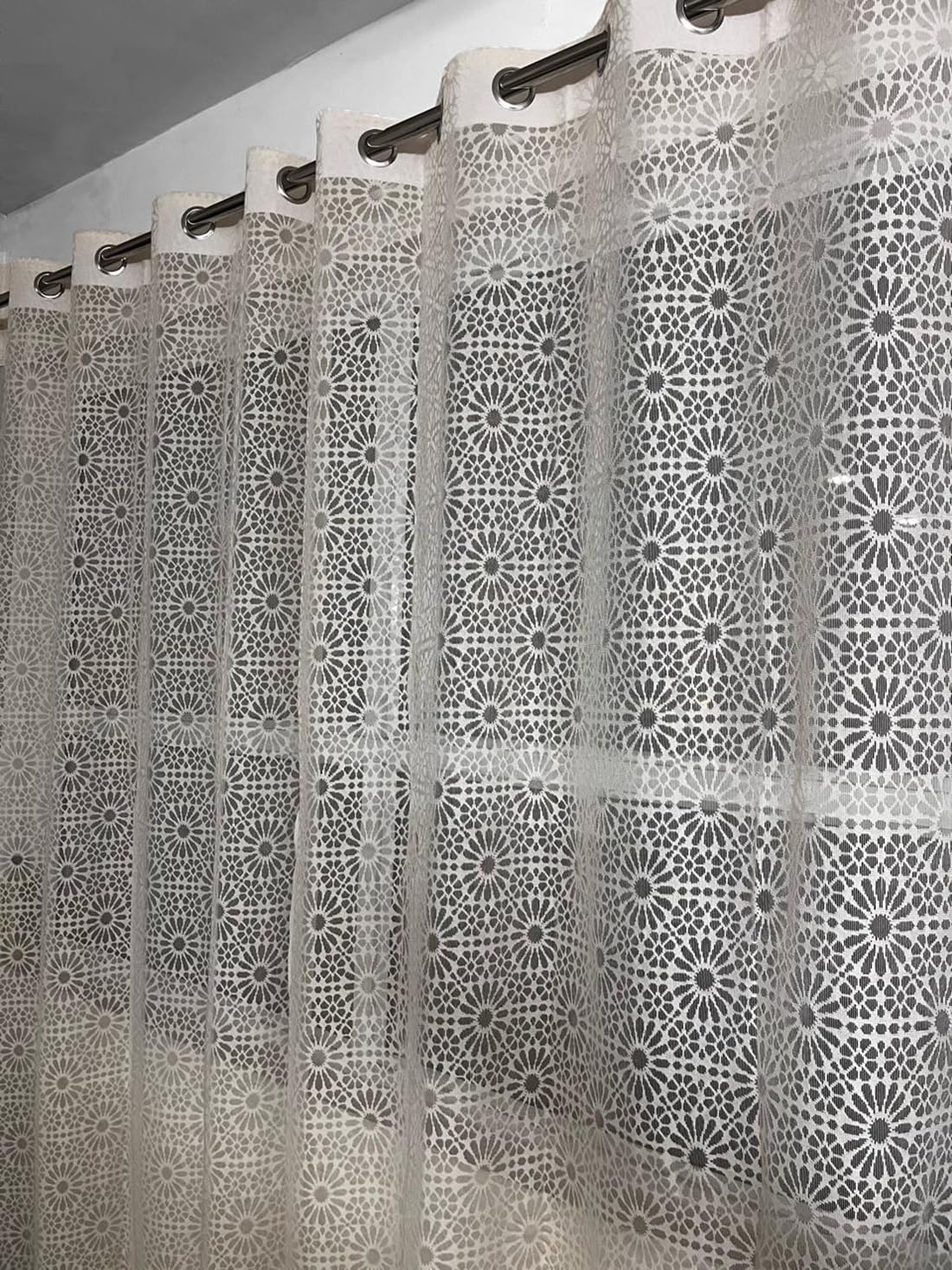 Fabrilia Geometric Pattern Net Semi Sheer Grommet Curtains For Living Room/Bedroom, 7 Feet Door, Cream, Set Of 2
