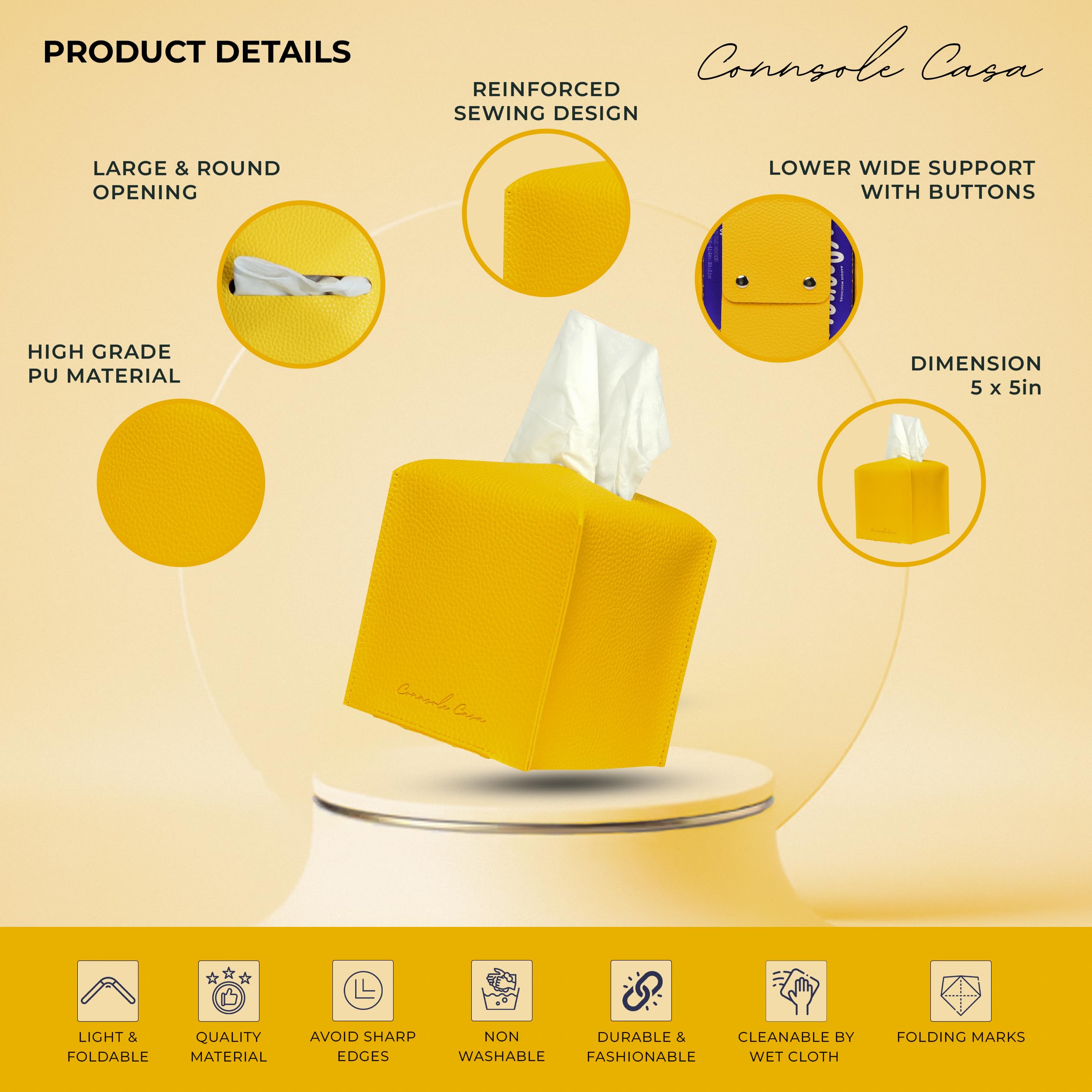 Connsole Casa Premium Pu Leather Tissue Box Holder - Elegant Hotel-Style Yellow Tissue Box Cover Enhanced D  Cor Of Home, Office