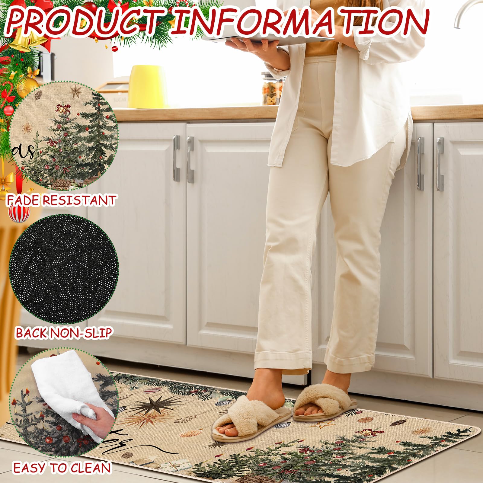 Drydiet 3 Pcs Christmas Kitchen Rug and Mats Beige Winter Kitchen Floor Mat Anti Fatigue Non Slip Xmas Tree Doormat Neutral Mode