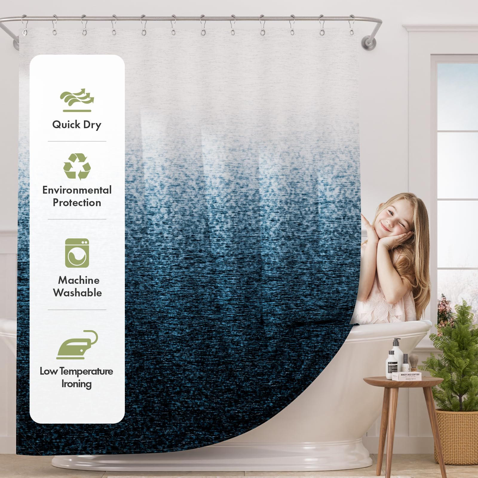 AmazerBath Shower Curtain Blue  Washable Cloth Ombre Shower Curtain Sets with 12 Metal Shower Curtain Hooks  Rustic Waterproof Dark Sea Blue Farmhouse Shower Curtains for Bathroom Decor  72x72 Inches