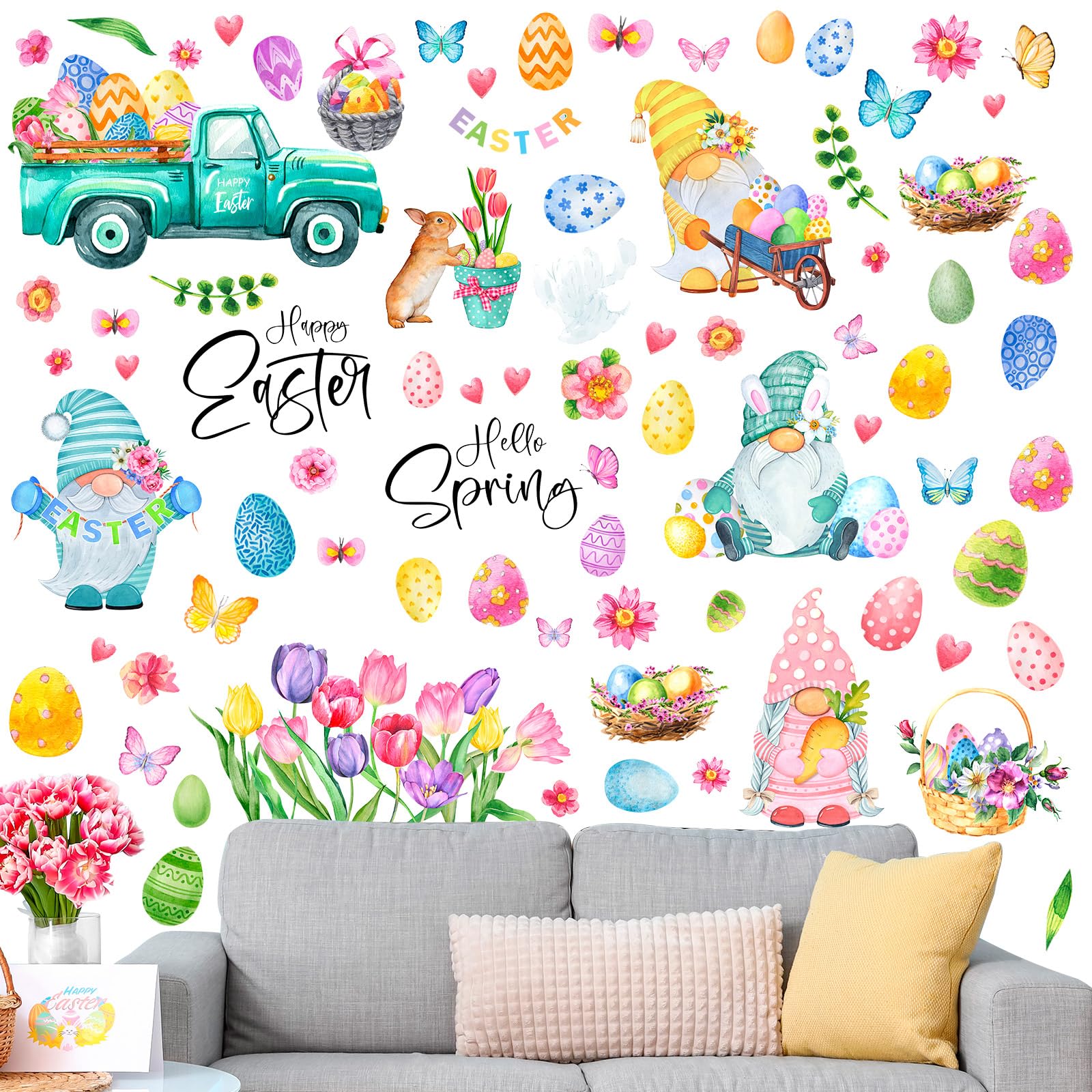Eersida 6 Sheets 74 Pieces Easter Wall Clings Flower Gnome Wall Decals for Room Decor Easter Eggs Bunny Flower Stickers Rabbit W