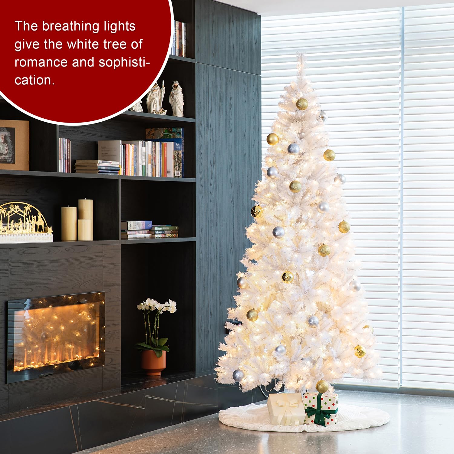 Glitzhome 8ft Pre-Lit Slim Artificial Christmas Tree, Aspen Frostfall Pine Hinged Holiday Xmas Tree with Foldable Metal Stand, 5