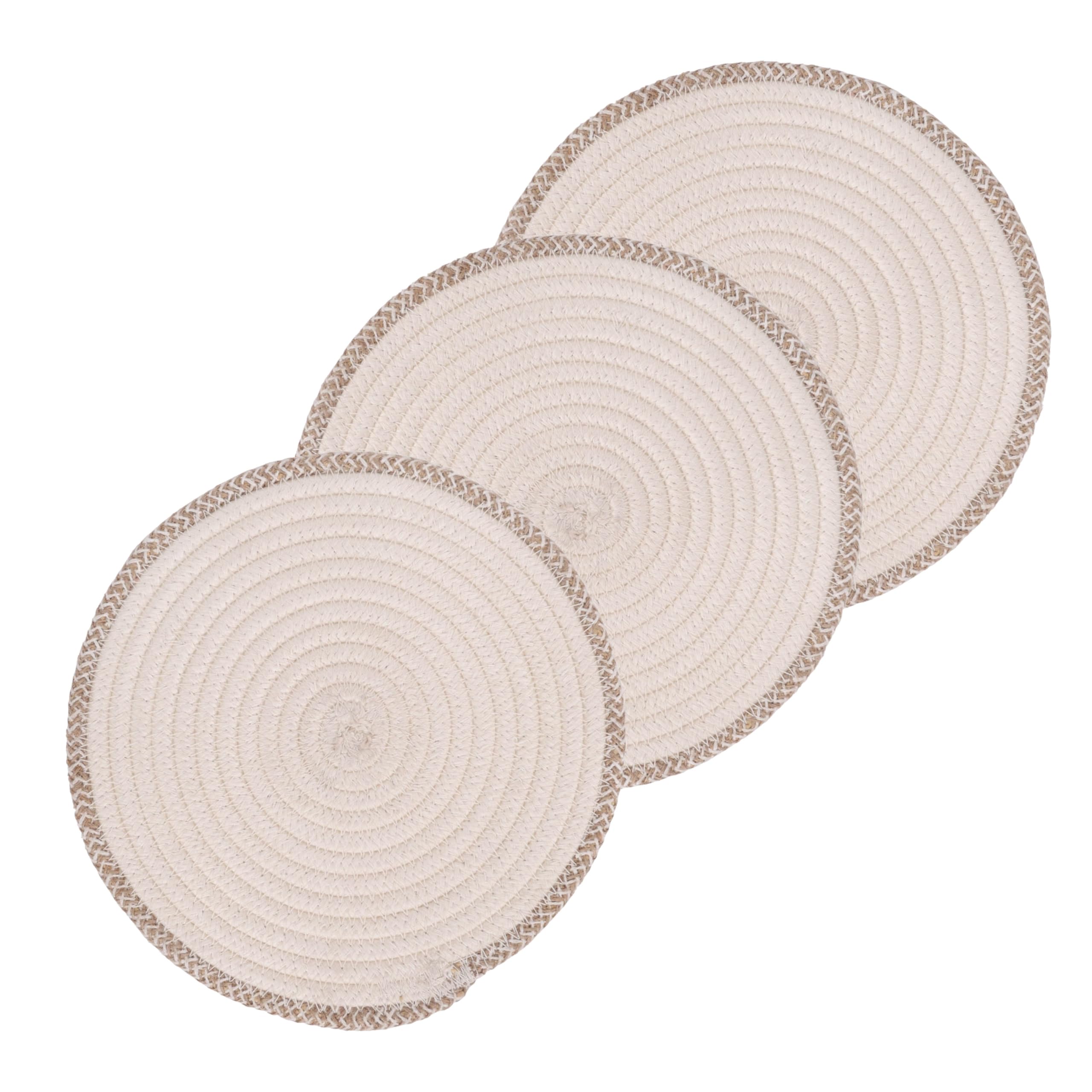 Denova Cotton Rope Trivet For Hot Pots And Pans - Cream & Natural Edge, Heat-Resistant Round Table Protector (Pack Of 3)