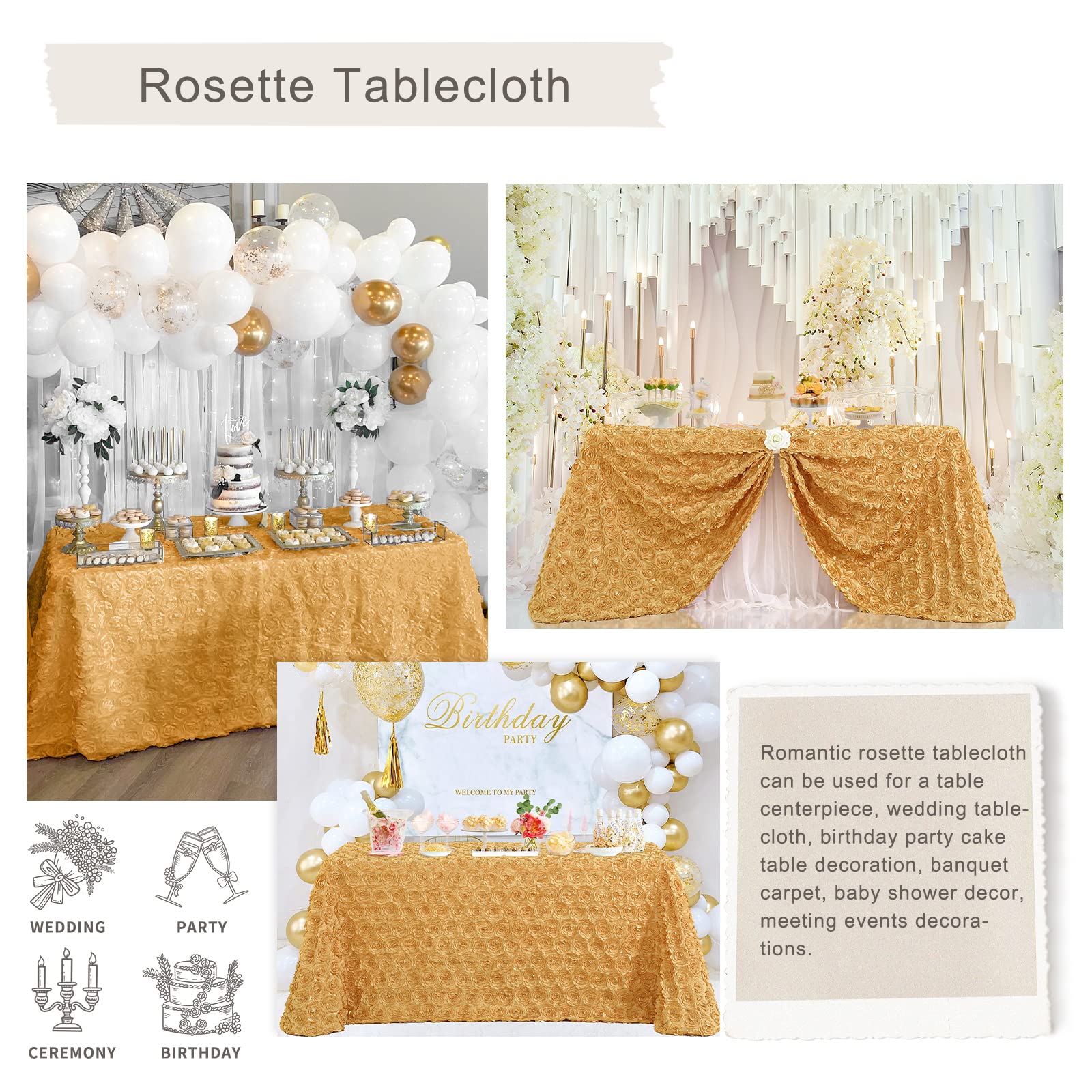 Fanqisi 3D Floral Satin Rectangular Tablecloth 90X132 Inches Gold Rosette Tablecloths For Wedding Party Baby Shower Dinner Table