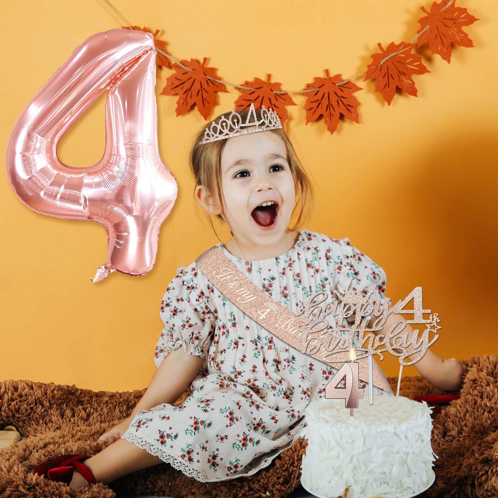 4Th Birthday Decorations For Girls, Including 4Th Birthday Sash And Tiara, 4Th Birthday Candles And Cake Toppers, Rose Gold 4 Ba