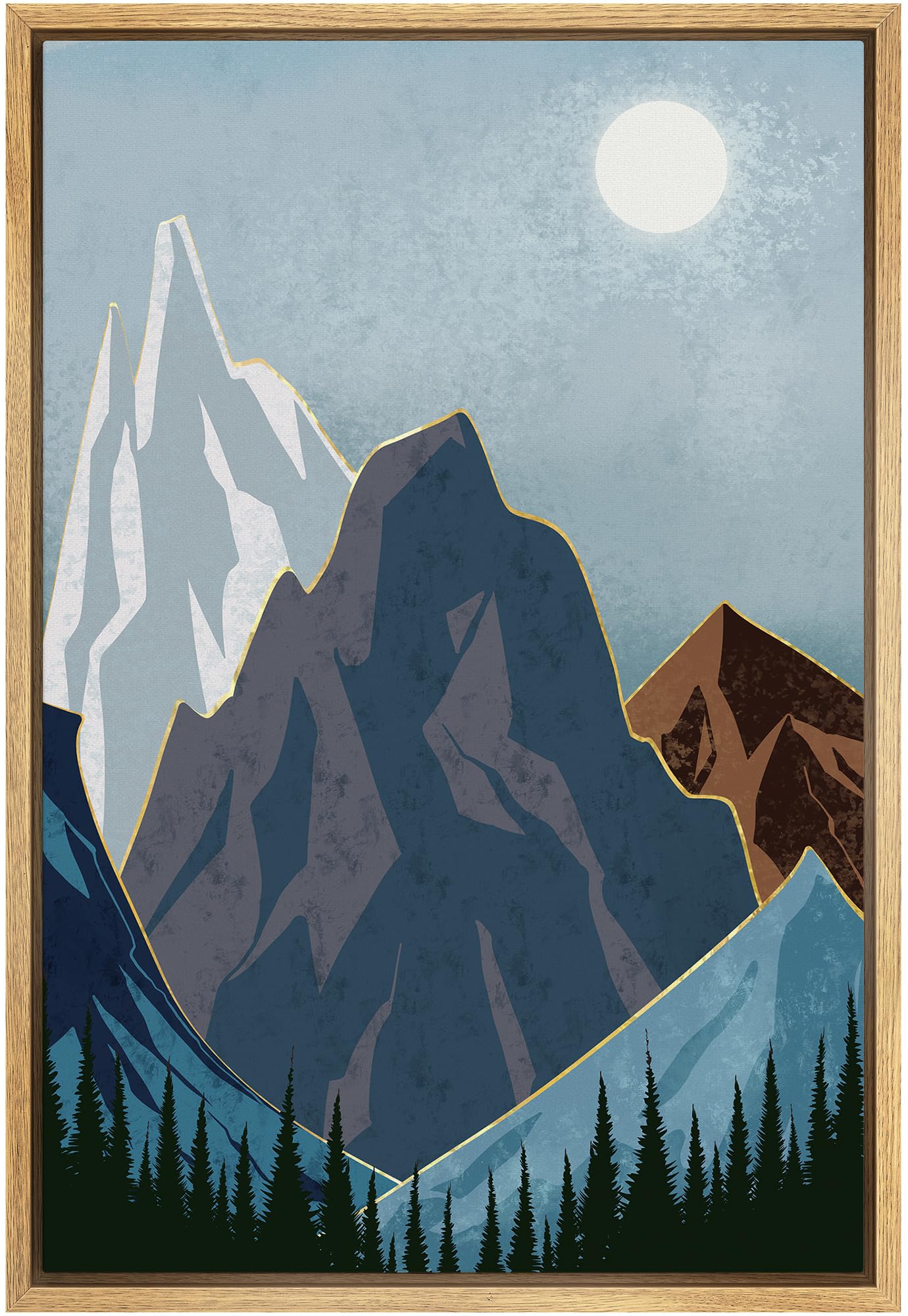 Signford Framed Canvas Print Wall Art Moon Over The Mountains Nature Wilderness Illustrations Modern Art Decorative Rustic Relax