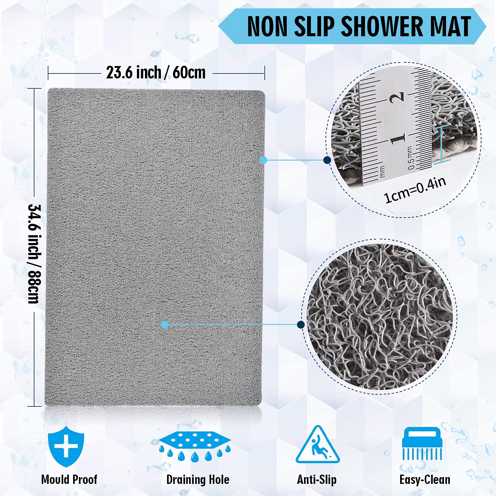 Shower Mats Non Slip Without Suction Cups, 23.6  34.6 Inch, Bath Mat For Textured Tub Surface, Loofah Mats For Shower And Bathro