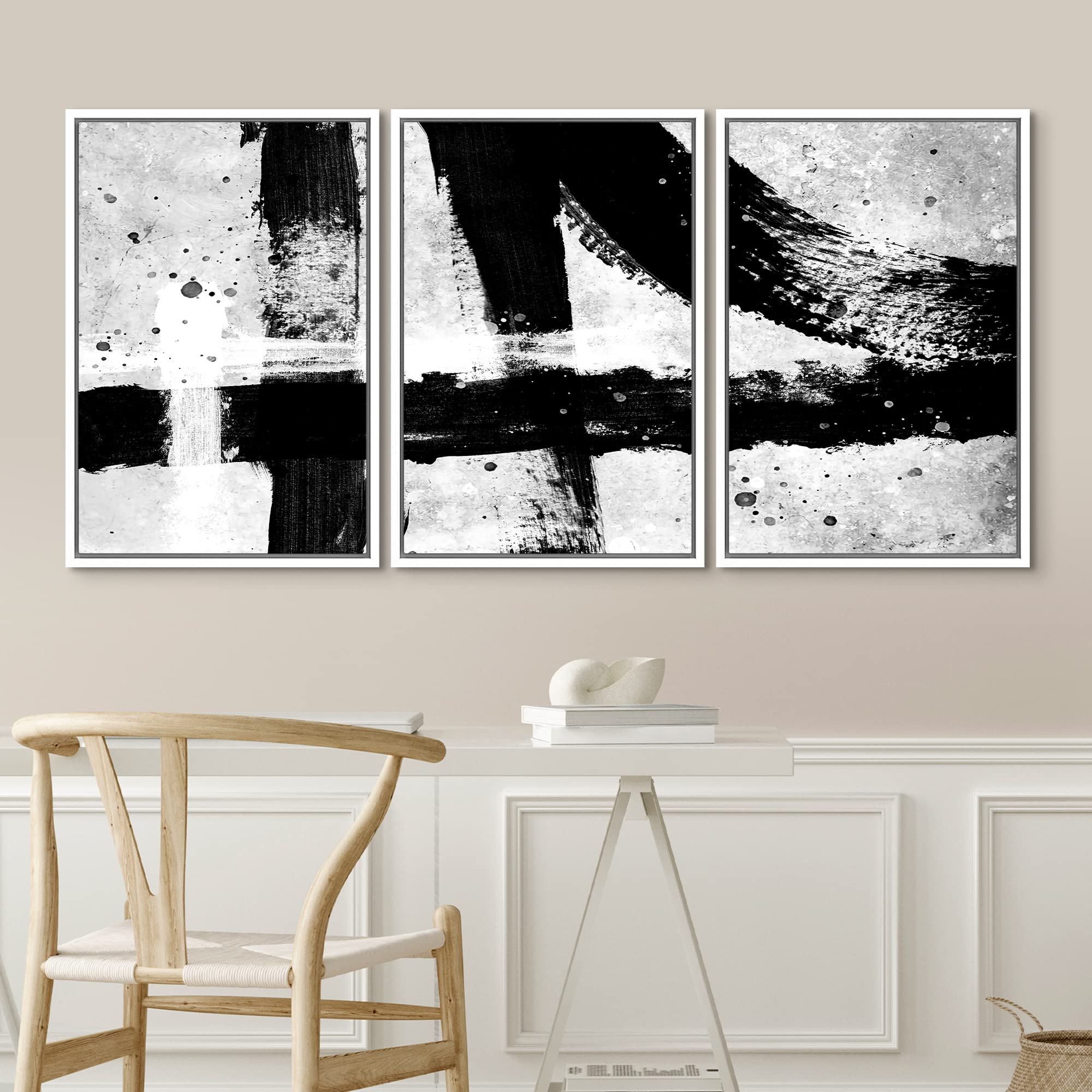 Idea4Wall Framed Wall Art Print Set Industrial Style Black & White Paint Strokes Abstract Shapes Illustrations Modern Art Altern