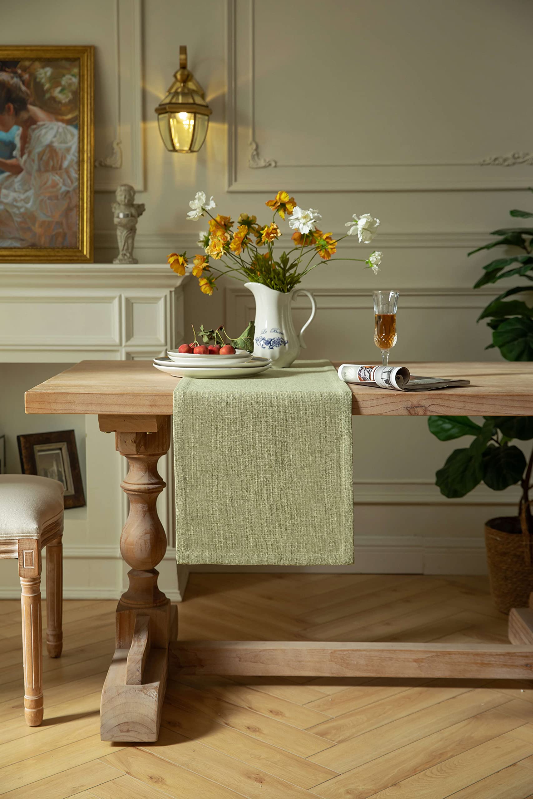 Zeemart Burlap Style Farmhouse Table Runners 60 Inches Long, Sage Green Rustic Woven Dining Table Runner For Everyday Use, 14X60