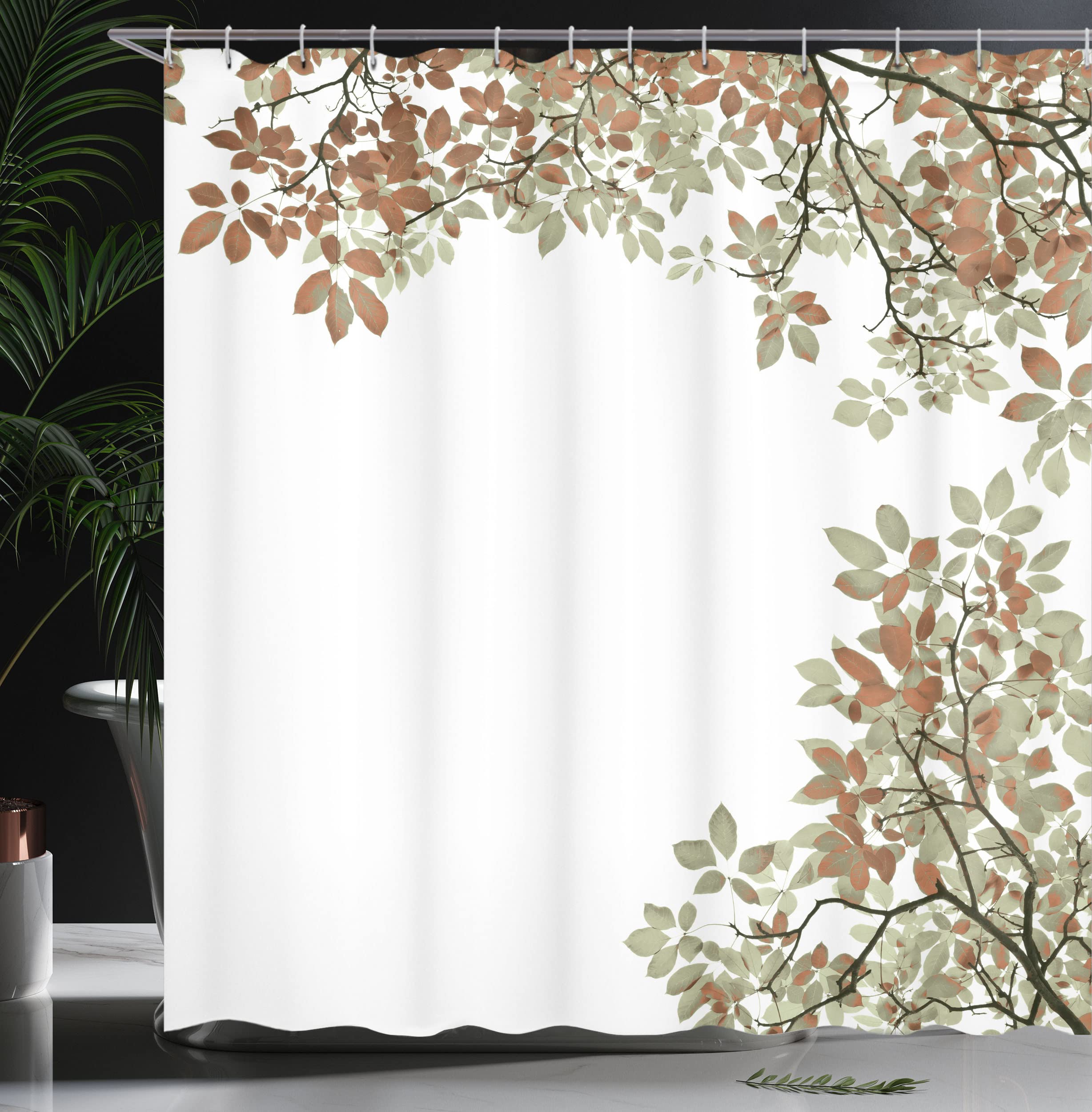 Ambesonne Leaves Shower Curtain, Broad Leaves Close-Up Background Autumnal Foliage Shrubs Illustration Print, Cloth Fabric Bathr