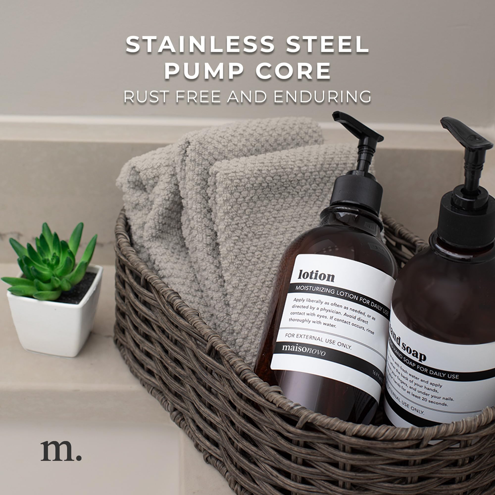 Maisonovo Refillable Shampoo And Conditioner Bottles | Set Of 3 Amber Plastic Bottles Black Pumps