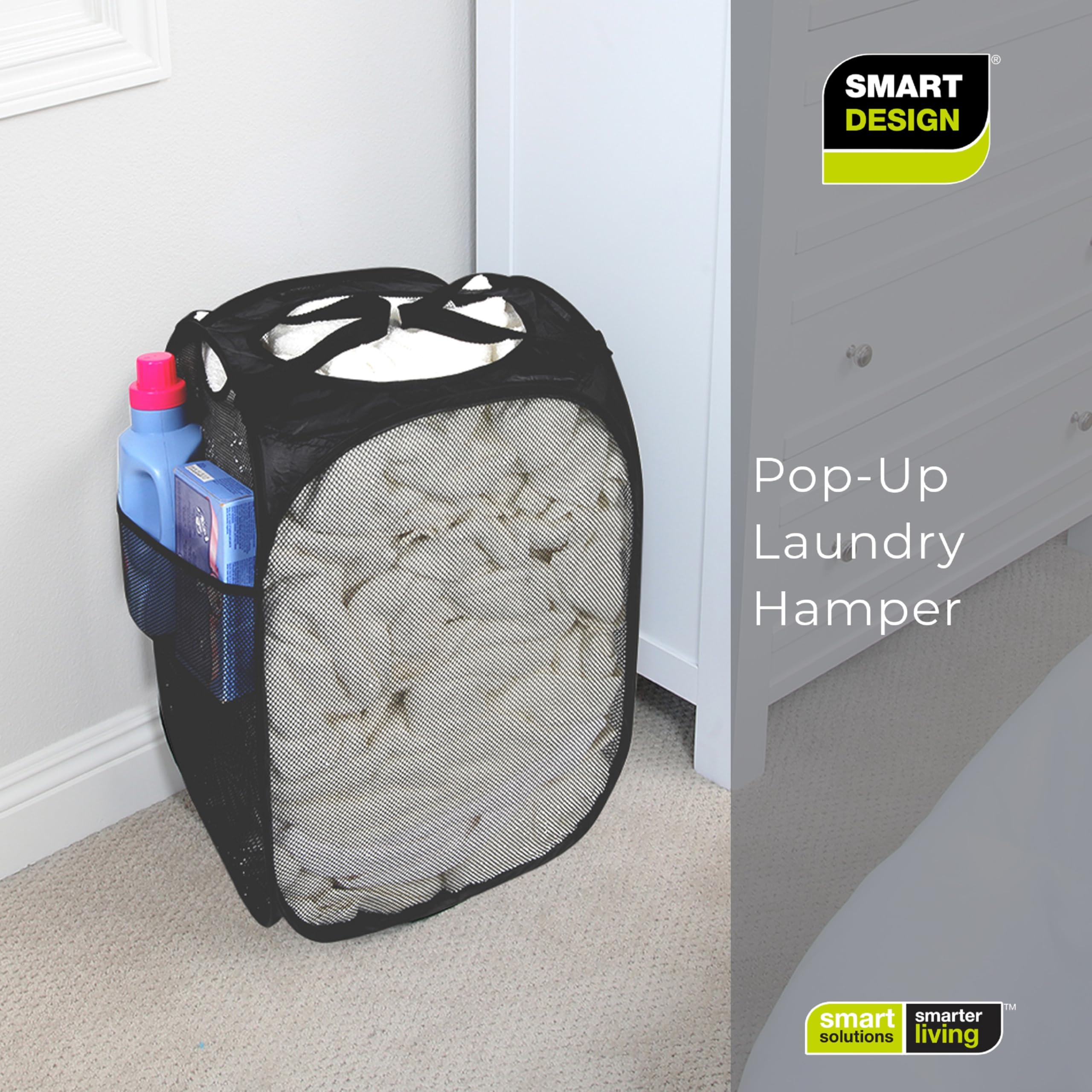 Smart Design Deluxe Mesh Pop Up Square Laundry Hamper w/ Side Pocket & Handles - VentilAir Fabric Collapsible Design - for Clothes & Laundry - Home - (Holds 2 Loads) (14 x 23 Inch) [Black]