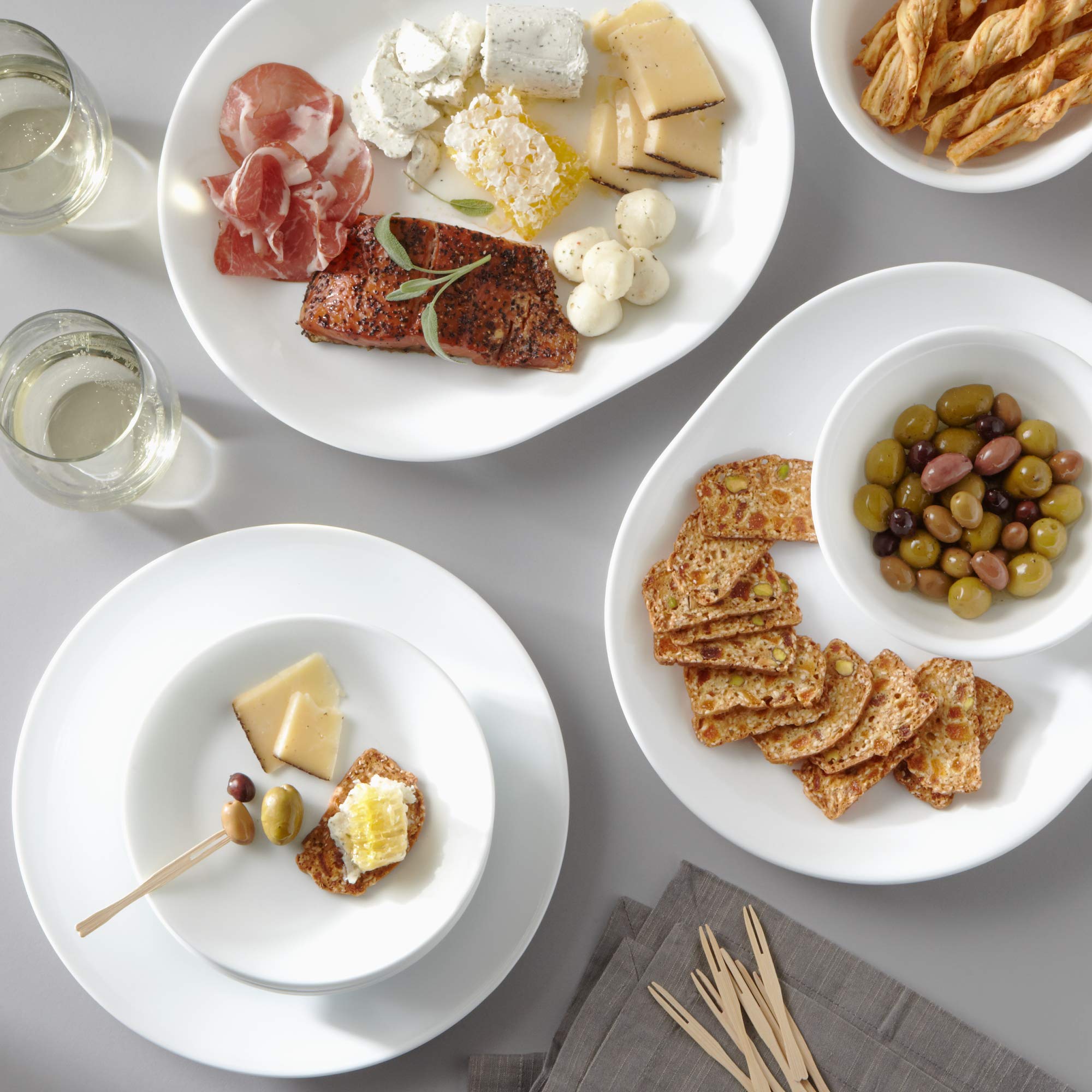 Corelle Vitrelle 38-Piece Service for 12 Dinnerware Set, Triple Layer Glass and Chip Resistant, Lightweight Round Plates and Bow