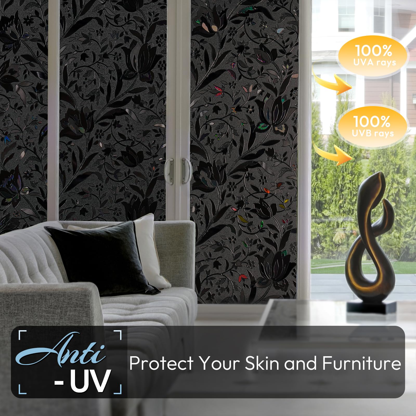 rabbitgoo Total Blackout Window Film Sun Blocking, Black Privacy Window Film Light Blocker, Stained Glass Thermal Cling Heat Con
