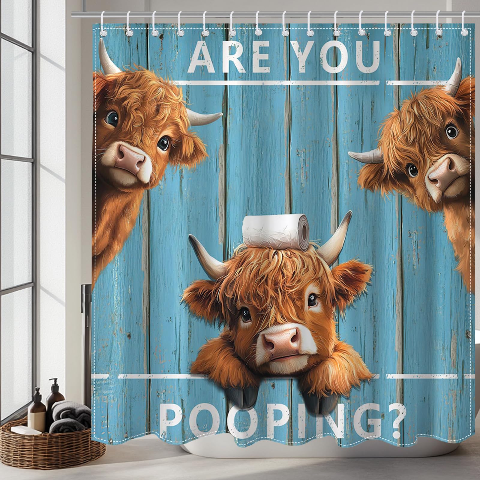 Mocsicka Vintage Funny Highland Cow Shower Curtain With 12 Hooks, Retro Farmhouse Blue Plank Door Bath Curtain For Farmhouse Bat