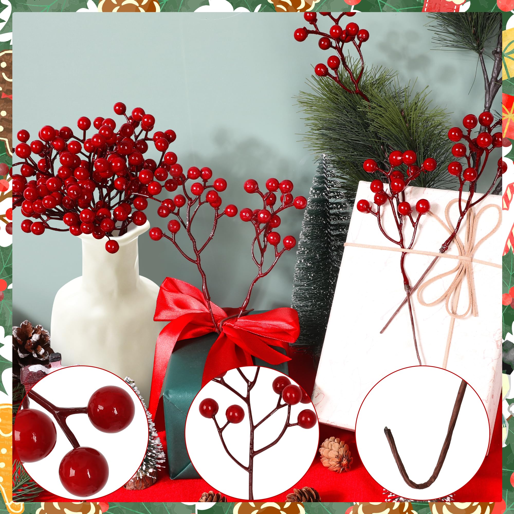 Vipay 24 PCS Christmas Tree Decorations, 7.08 in Red Berry Stem, Artificial Berry Picks Floral Pick for Wreath, Burgundy Holly B