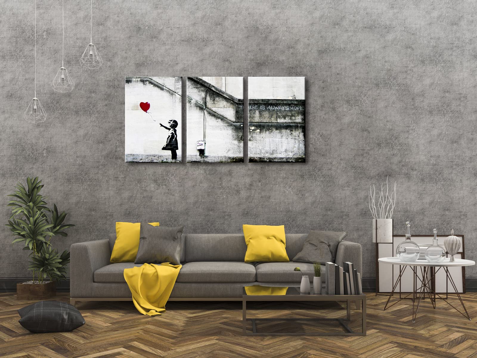 Wieco Art Banksy Grafitti Girl With Red Balloon Modern 3 Piece Famous Canvas Paintings Wall Art Inspirational Grey Love Pictures