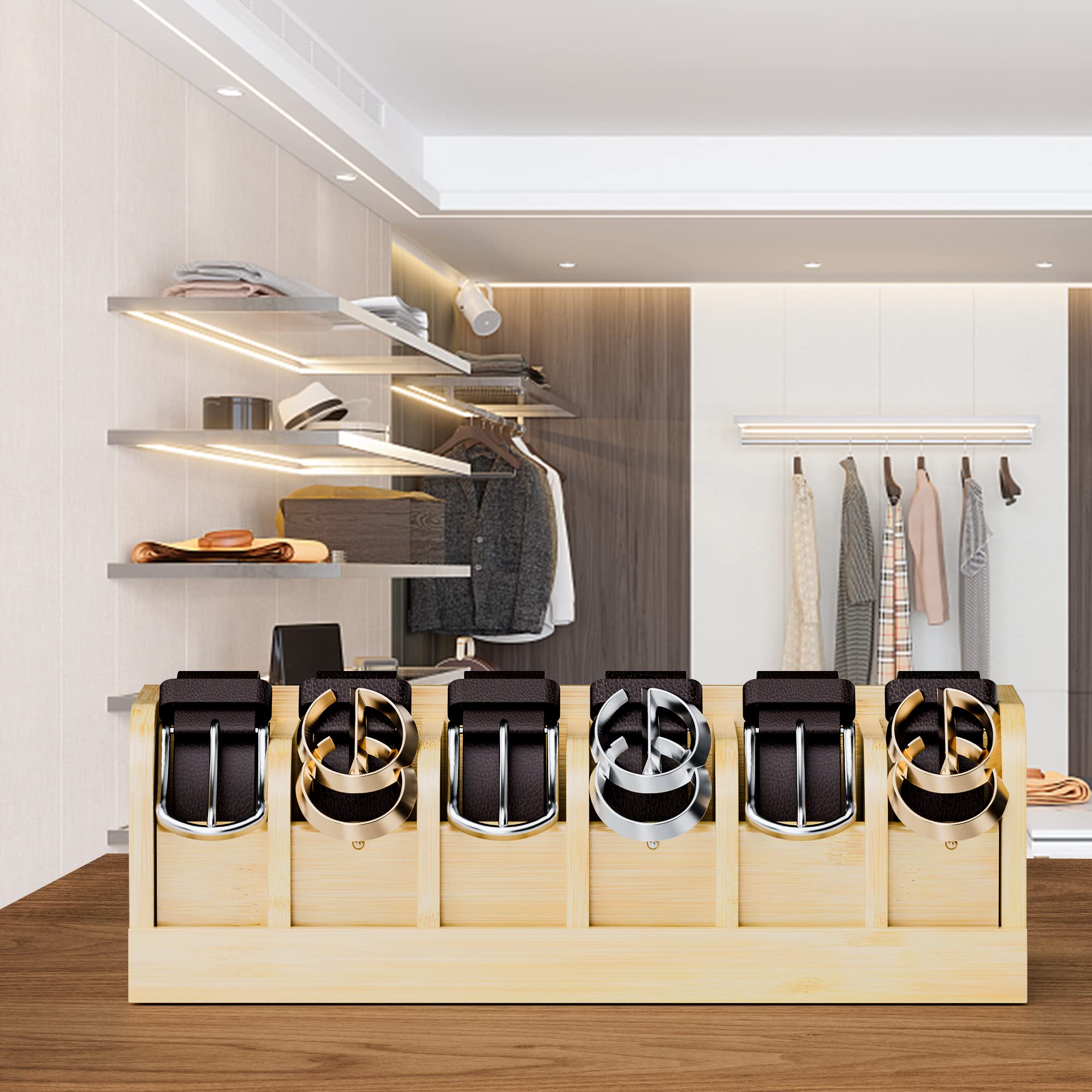 Minboo Bamboo Belt Organizer Box,6 Grids Belt Rack, Belt Organizer For Closet And Drawer, Belt Storage Organizer And Displayer,