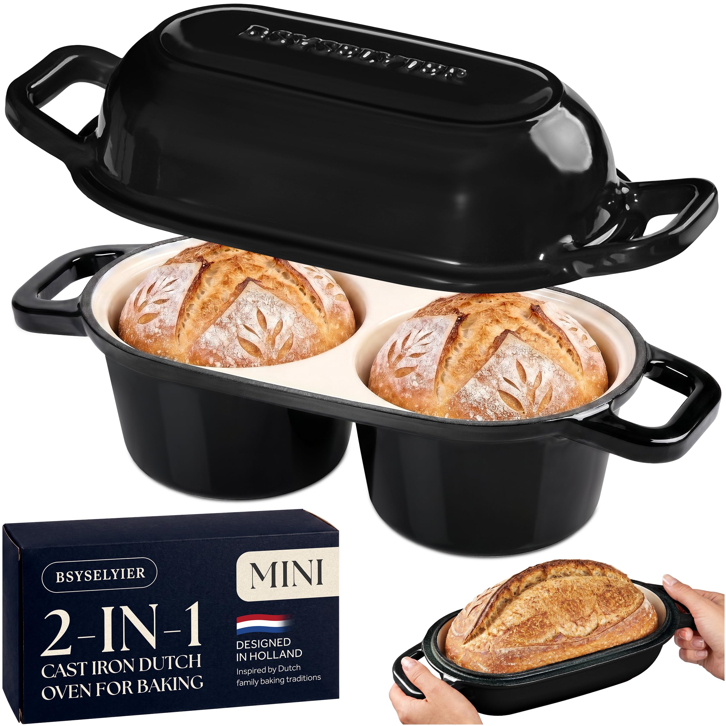BSYSELYIER Mini Double Dutch Oven, Cast Iron Loaf Pan With Lid, Black