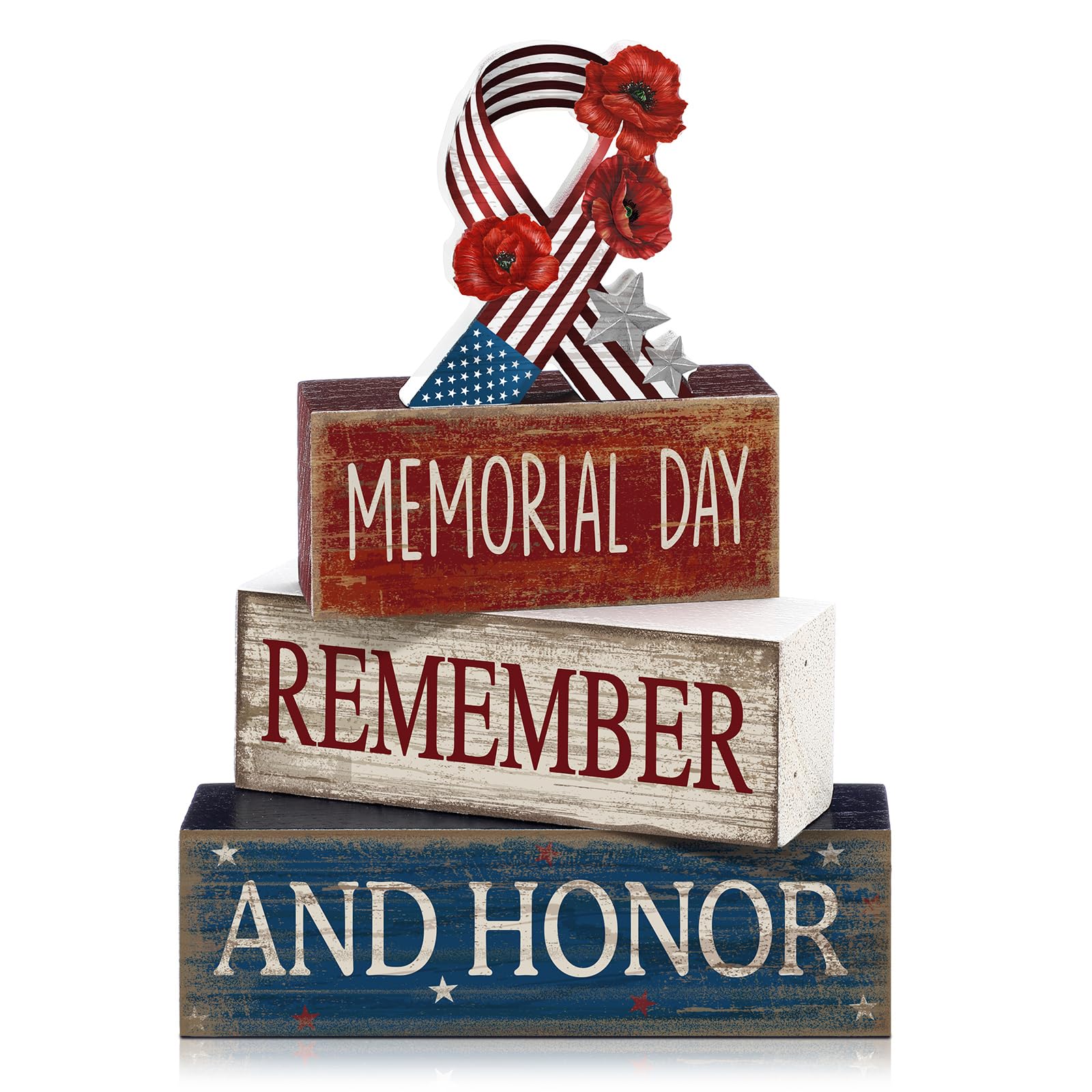 CroBlissful 4 Pcs Memorial Day Decorations Patriotic Remember Tabletop Decorations Star Ribbon Red White Blue 4th of July Table 